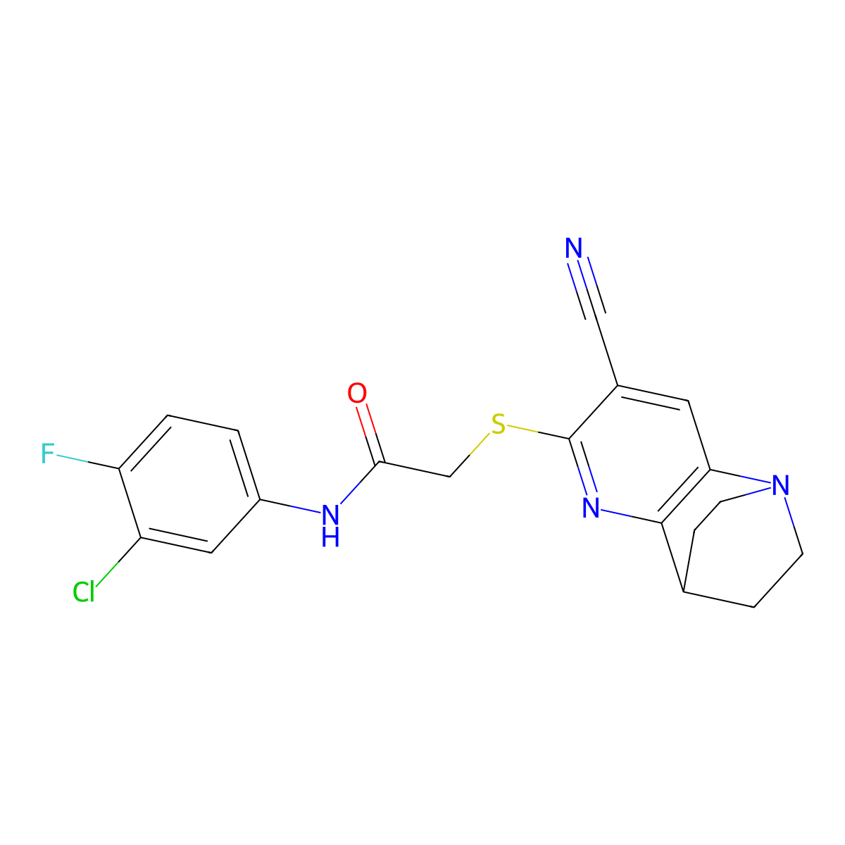 N-(3-chloro-4-fluorophenyl)-2-[(7-cyano-3,4-dihydro-2H-1,4-ethano-1,5-naphthyridin-6-yl)sulfanyl]acetamide molecular structure, CAS 728885-96-9