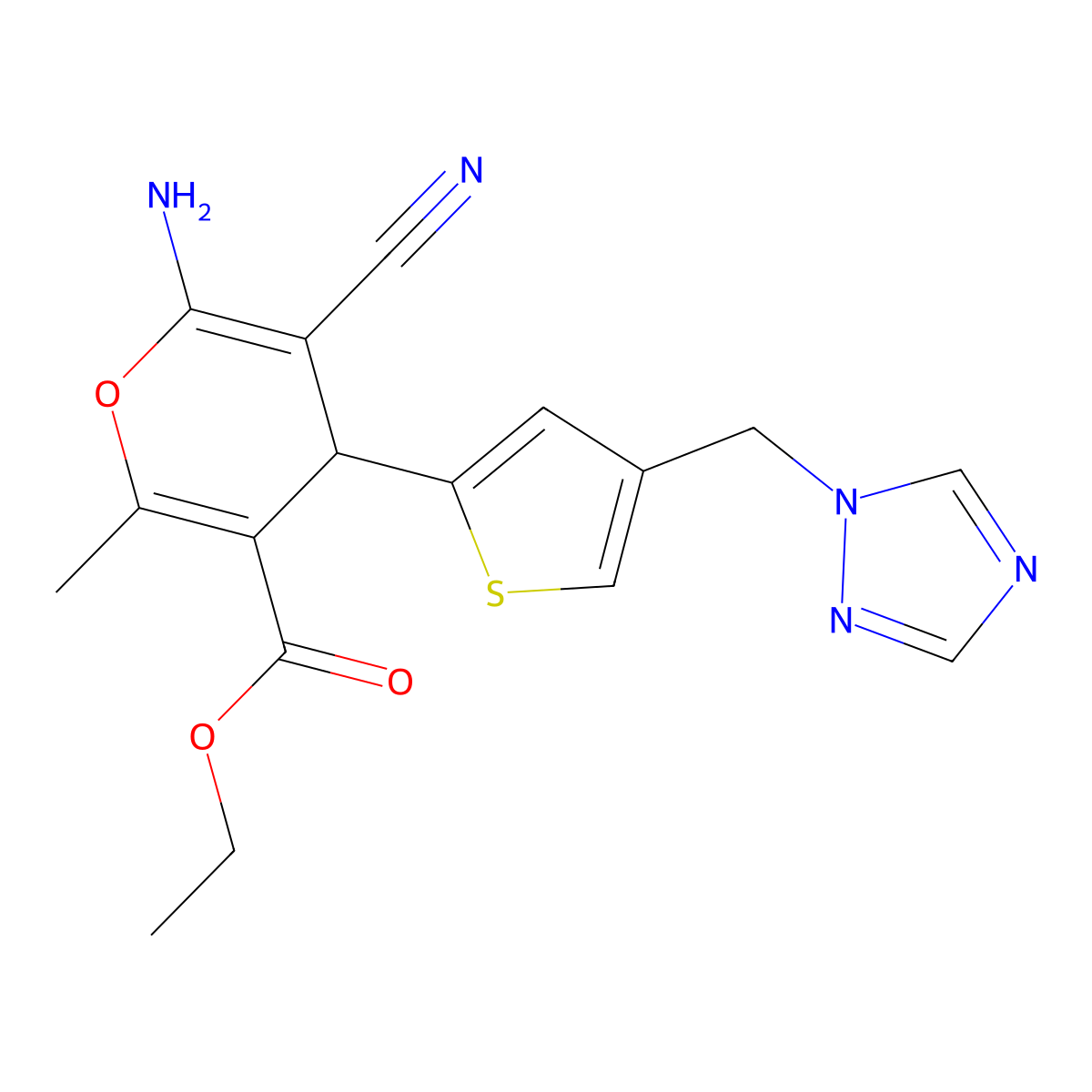 ethyl 6-amino-5-cyano-2-methyl-4-[4-(1H-1,2,4-triazol-1-ylmethyl)thiophen-2-yl]-4H-pyran-3-carboxylate molecular structure, CAS 728888-01-5