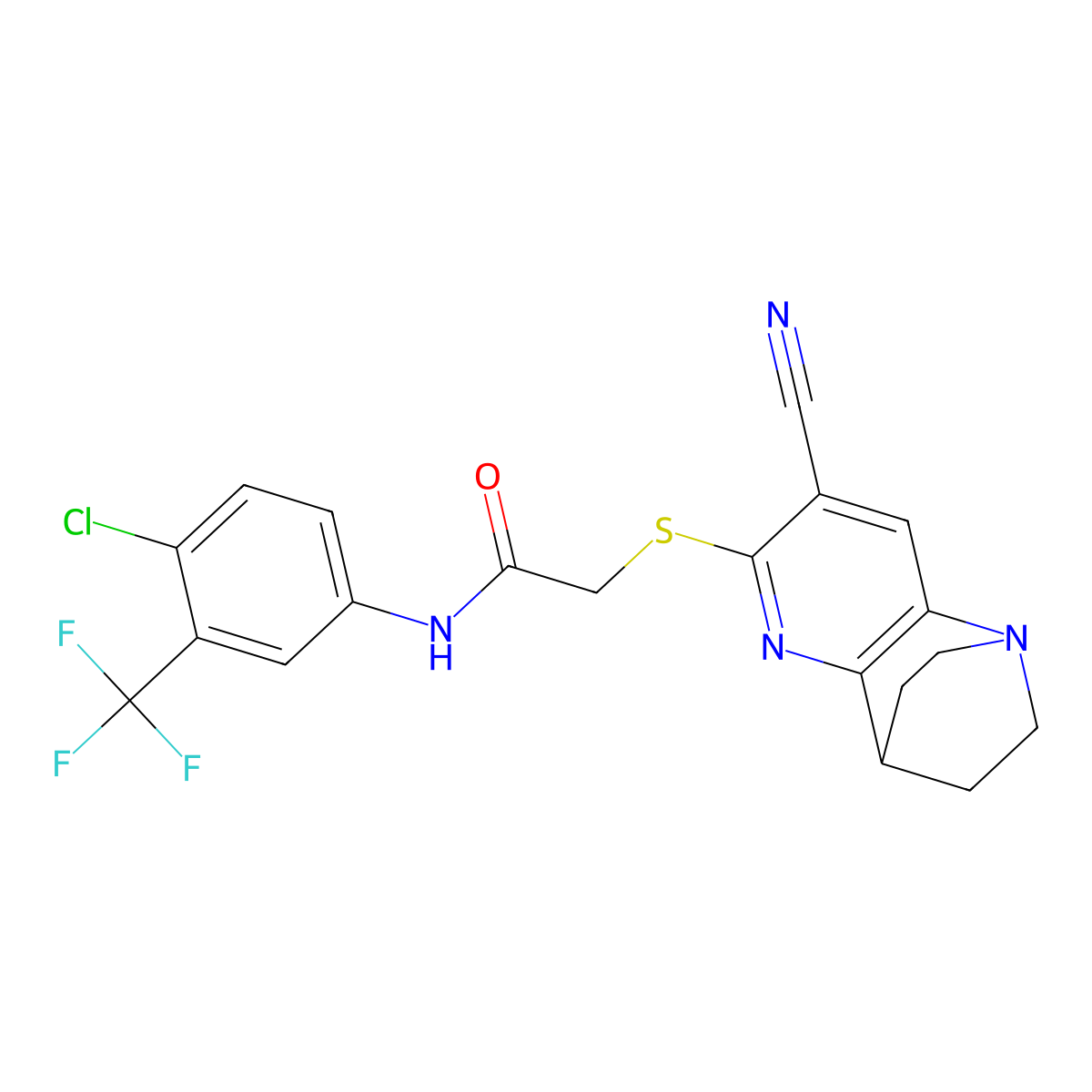 N-[4-chloro-3-(trifluoromethyl)phenyl]-2-[(7-cyano-3,4-dihydro-2H-1,4-ethano-1,5-naphthyridin-6-yl)sulfanyl]acetamide molecular structure, CAS 728888-23-1