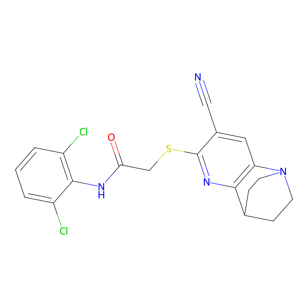 2-[(7-cyano-3,4-dihydro-2H-1,4-ethano-1,5-naphthyridin-6-yl)sulfanyl]-N-(2,6-dichlorophenyl)acetamide molecular structure, CAS 728888-41-3