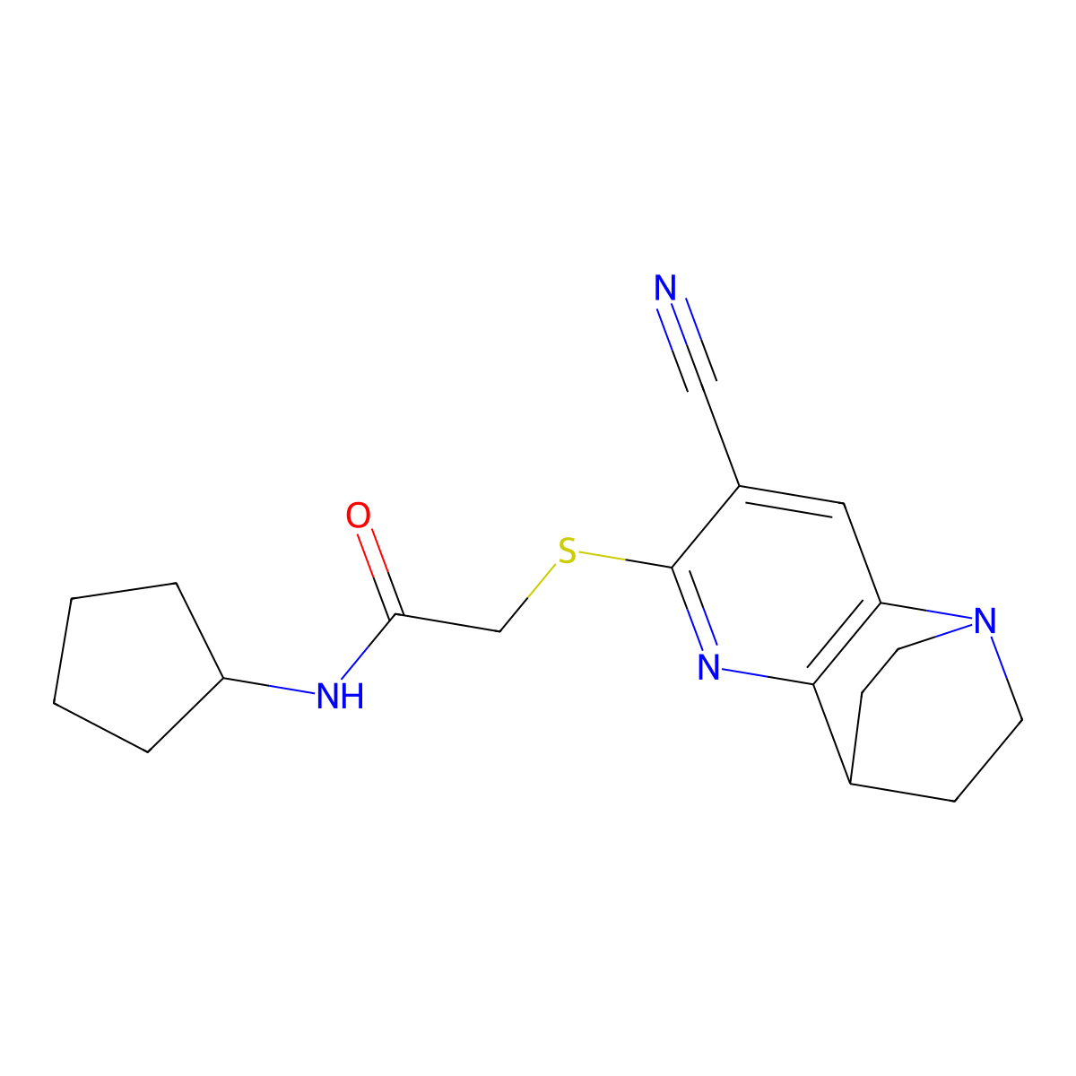 2-[(7-cyano-3,4-dihydro-2H-1,4-ethano-1,5-naphthyridin-6-yl)sulfanyl]-N-cyclopentylacetamide molecular structure, CAS 728888-43-5