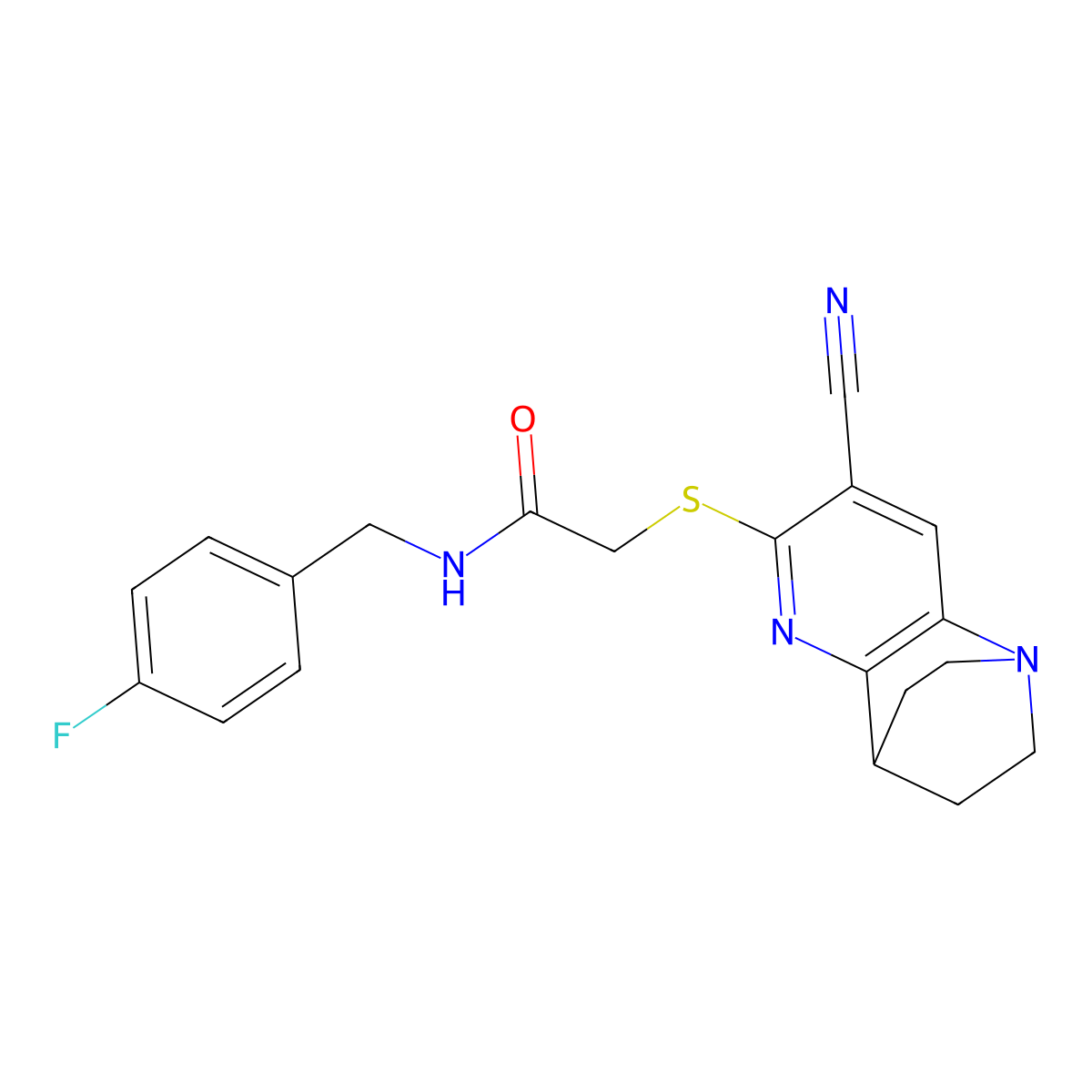 2-[(7-cyano-3,4-dihydro-2H-1,4-ethano-1,5-naphthyridin-6-yl)sulfanyl]-N-(4-fluorobenzyl)acetamide molecular structure, CAS 728888-45-7