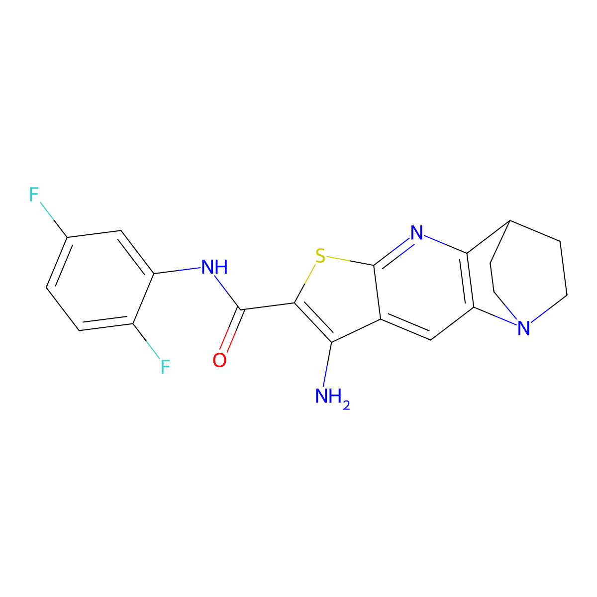 8-amino-N-(2,5-difluorophenyl)-3,4-dihydro-2H-1,4-ethanothieno[2,3-b][1,5]naphthyridine-7-carboxamide molecular structure, CAS 728888-47-9