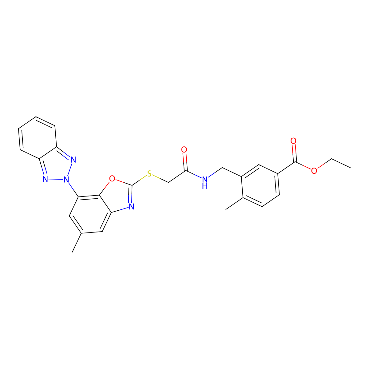 ethyl 3-{[({[7-(2H-benzotriazol-2-yl)-5-methyl-1,3-benzoxazol-2-yl]sulfanyl}acetyl)amino]methyl}-4-methylbenzoate molecular structure, CAS 728888-70-8