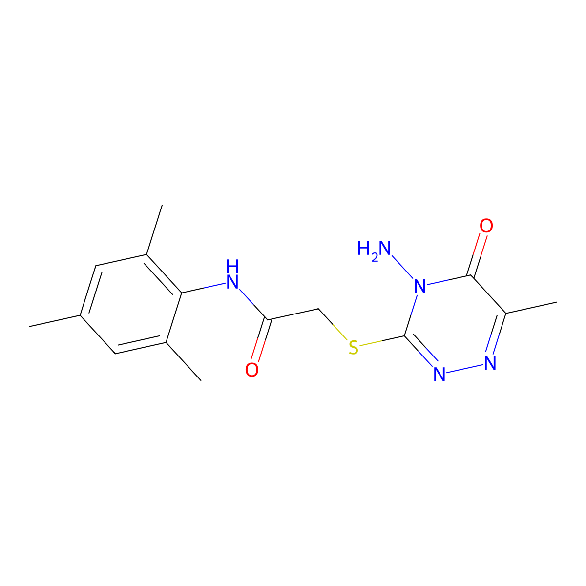 2-((4-amino-6-methyl-5-oxo-4,5-dihydro-1,2,4-triazin-3-yl)thio)-N-mesitylacetamide molecular structure, CAS 728925-32-4