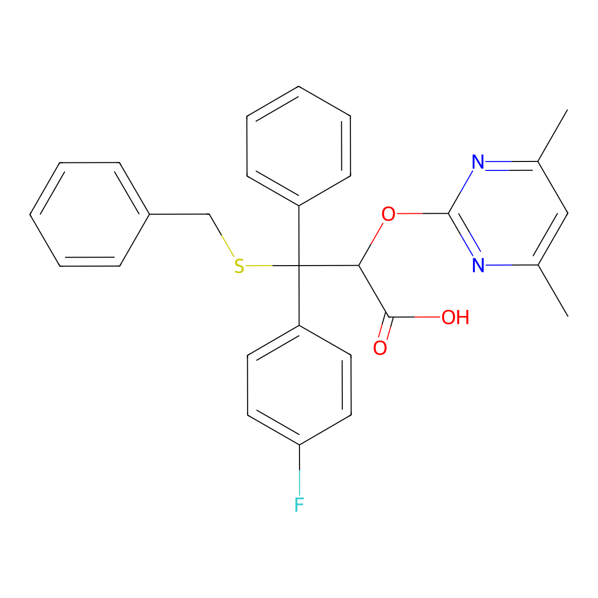 3-(Benzylsulfanyl)-2-[(4,6-dimethylpyrimidin-2-yl)oxy]-3-(4-fluorophenyl)-3-phenylpropanoic acid molecular structure, CAS 728931-29-1