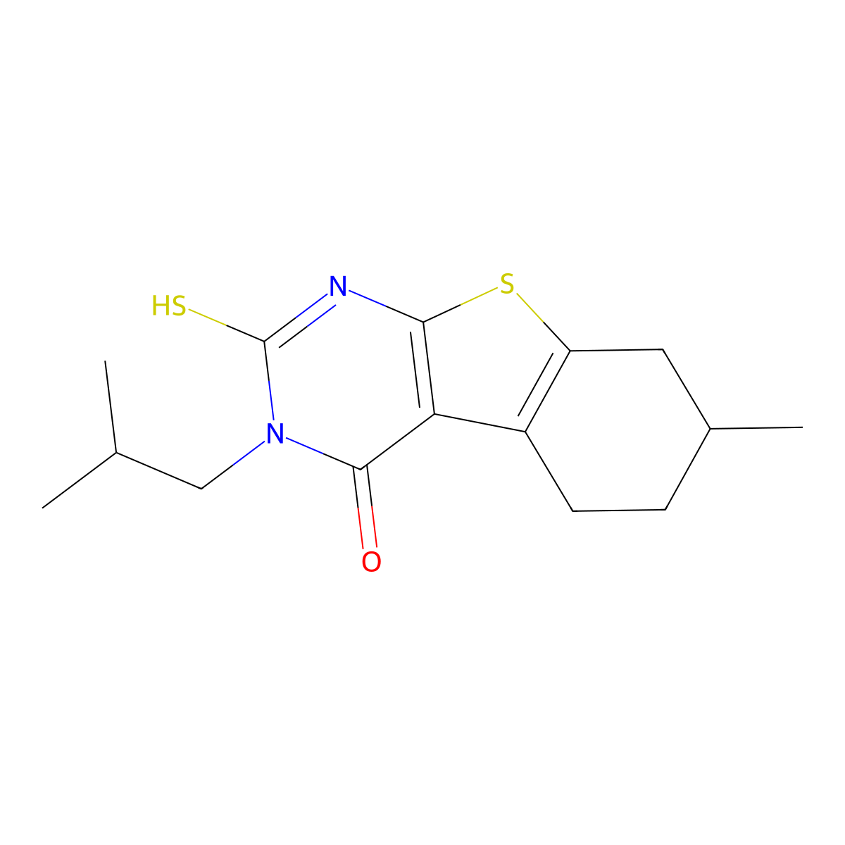 3-isobutyl-2-mercapto-7-methyl-5,6,7,8-tetrahydro[1]benzothieno[2,3-d]pyrimidin-4(3H)-one molecular structure, CAS 728941-35-3