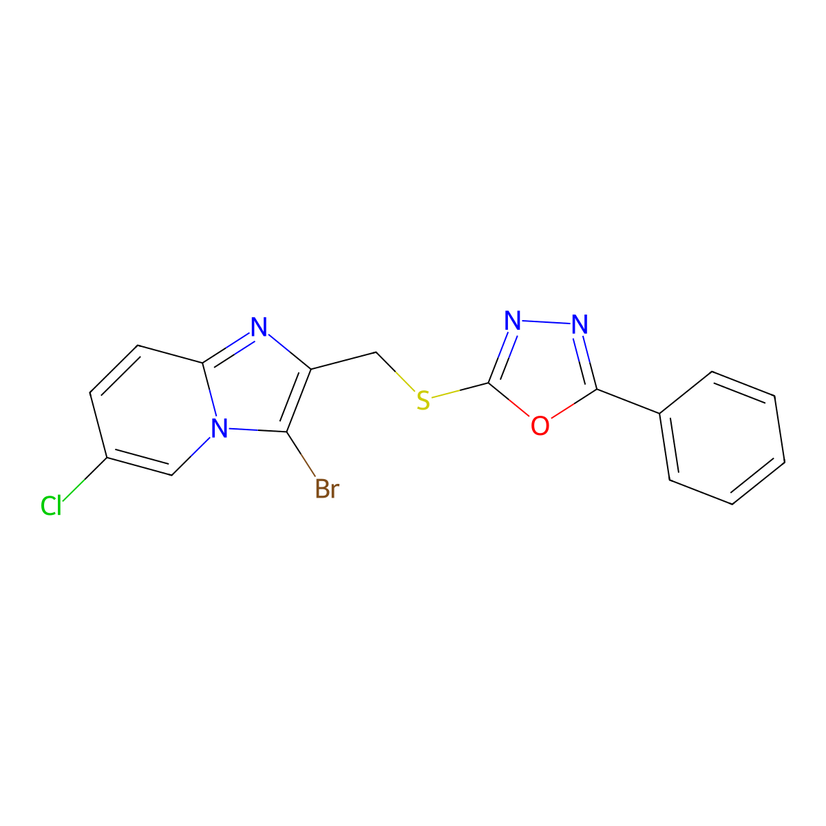 2-[({3-Bromo-6-chloroimidazo[1,2-a]pyridin-2-yl}methyl)sulfanyl]-5-phenyl-1,3,4-oxadiazole molecular structure, CAS 728941-39-7