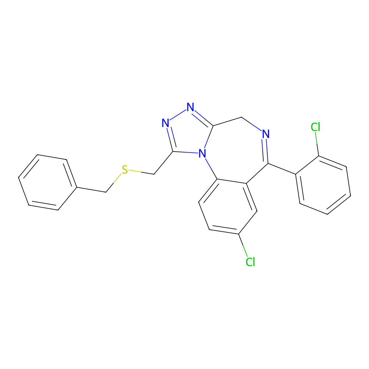 4H-(1,2,4)Triazolo(4,3-a)(1,4)benzodiazepine, 8-chloro-6-(2-chlorophenyl)-1-(((phenylmethyl)thio)methyl)- molecular structure, CAS 72913-11-2