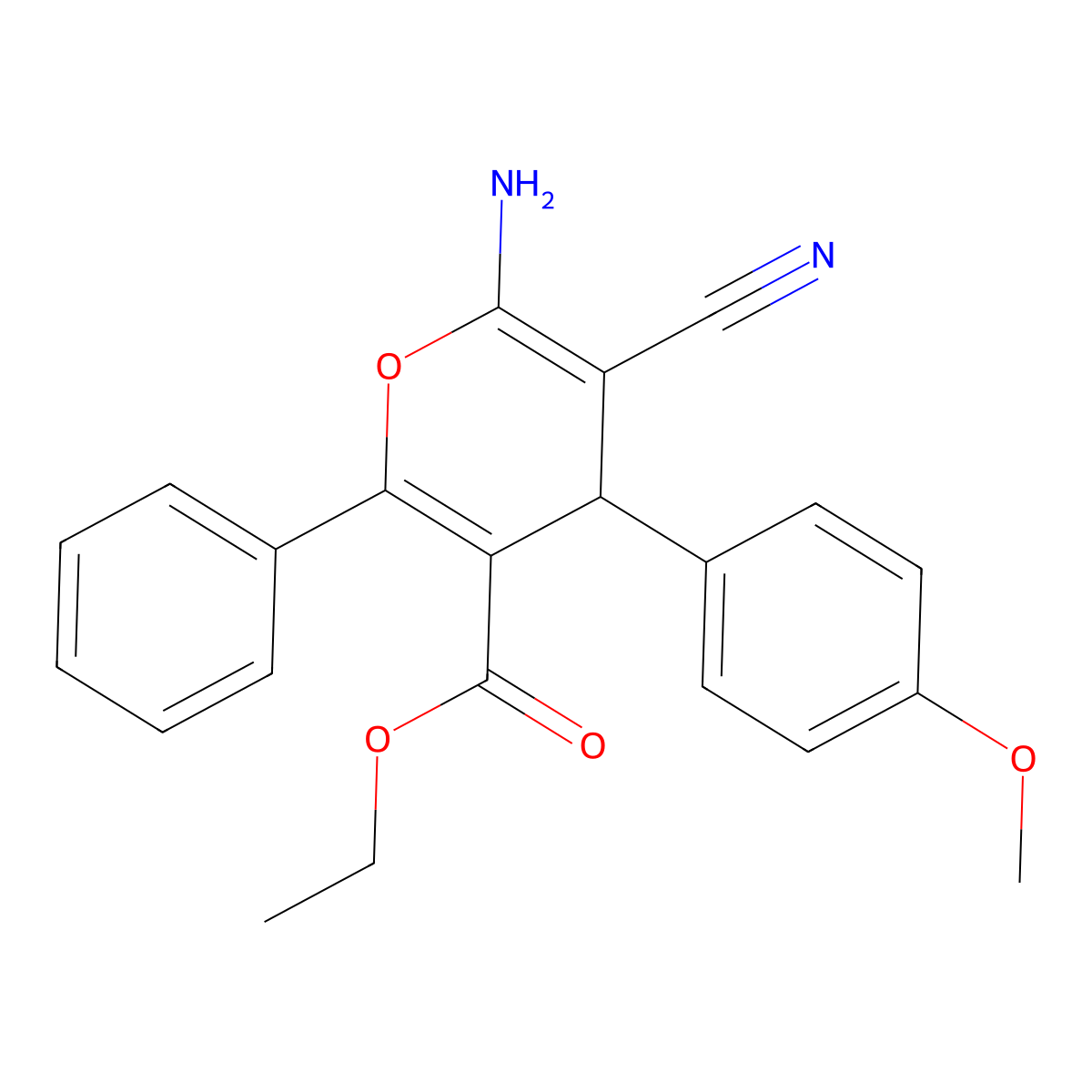 ethyl 6-amino-5-cyano-4-(4-methoxyphenyl)-2-phenyl-4H-pyran-3-carboxylate molecular structure, CAS 72916-30-4