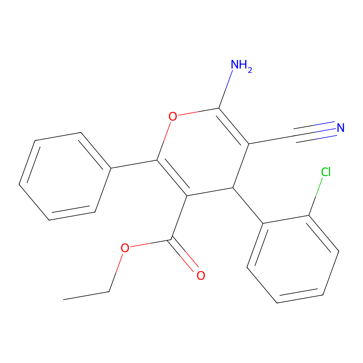 ethyl 6-amino-4-(2-chlorophenyl)-5-cyano-2-phenyl-4H-pyran-3-carboxylate molecular structure, CAS 72916-31-5