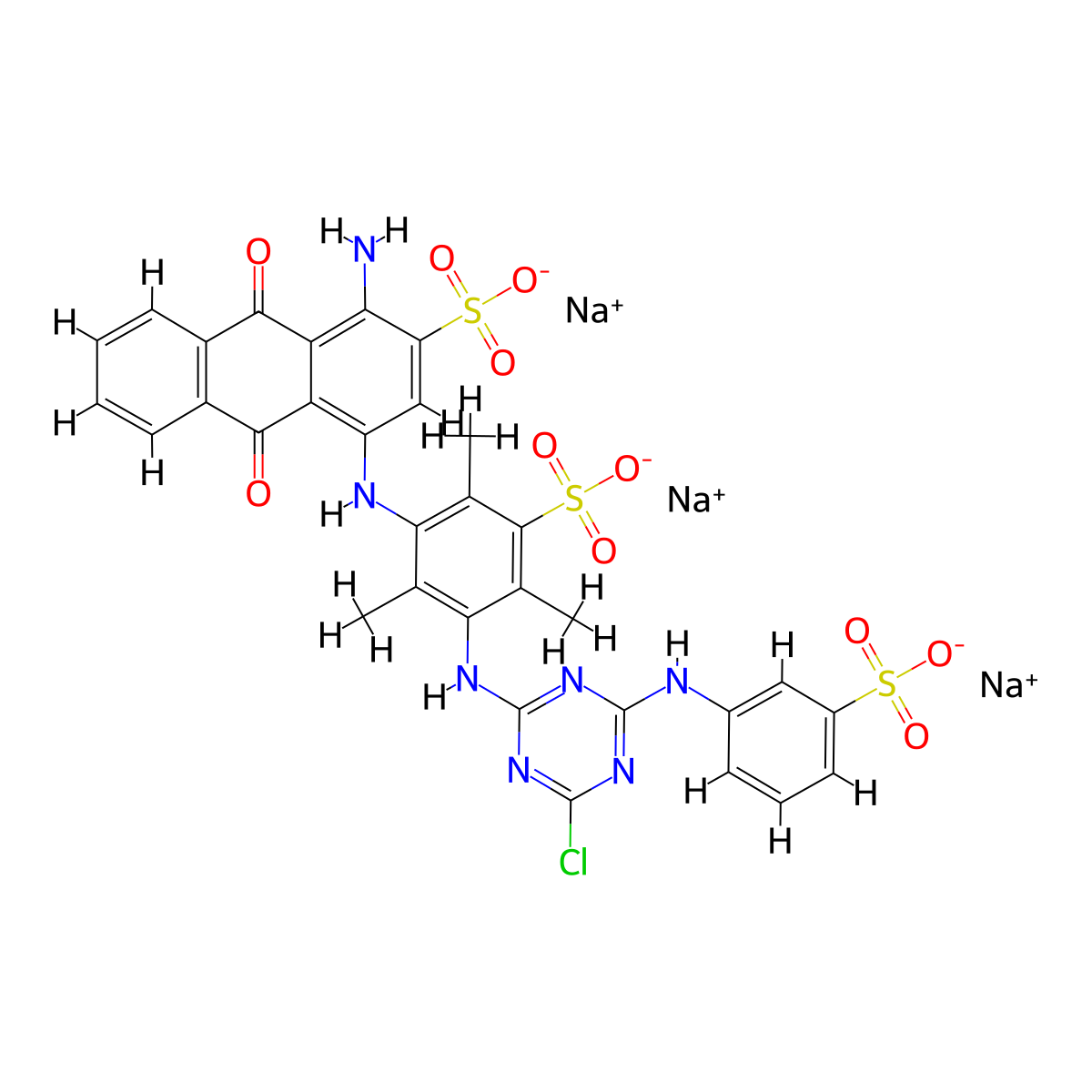 2-Anthracenesulfonic acid, 1-amino-4-((3-((4-chloro-6-((3-sulfophenyl)amino)-1,3,5-triazin-2-yl)amino)-2,4,6-trimethyl-5-sulfophenyl)amino)-9,10-dihydro-9,10-dioxo-, sodium salt (1:3) molecular structure, CAS 72927-99-2