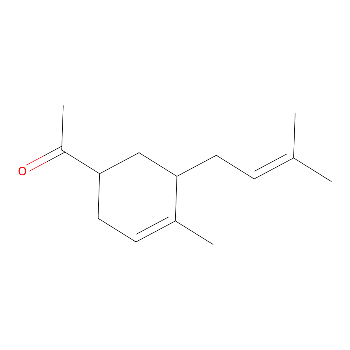 Ethanone, 1-(4-methyl-5-(3-methyl-2-buten-1-yl)-3-cyclohexen-1-yl)- molecular structure, CAS 72928-23-5
