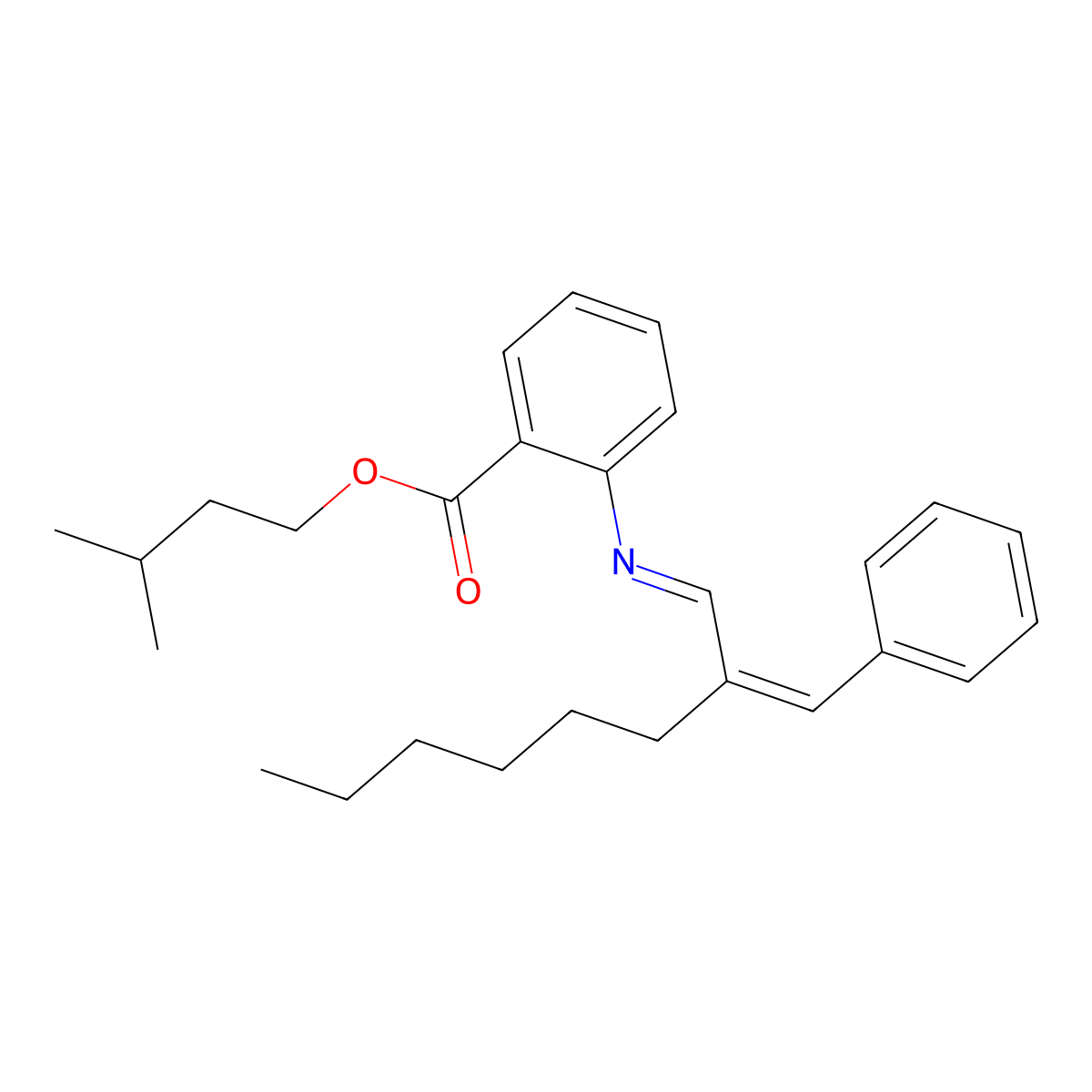 Benzoic acid, 2-((2-(phenylmethylene)octylidene)amino)-, 3-methylbutyl ester molecular structure, CAS 72928-46-2