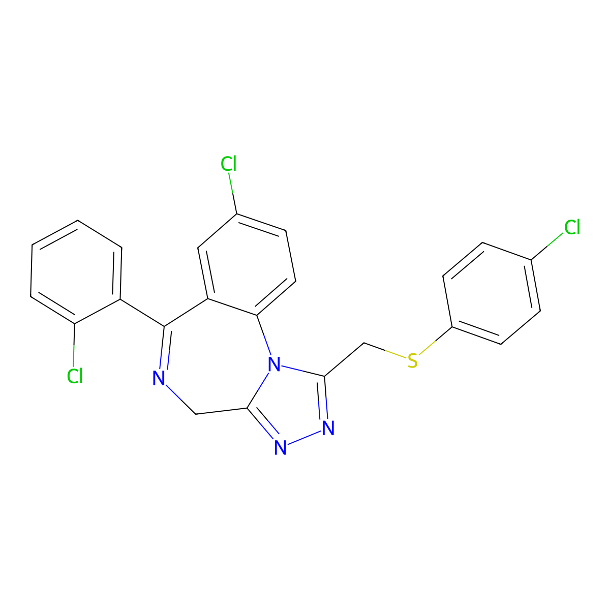 4H-(1,2,4)Triazolo(4,3-a)(1,4)benzodiazepine, 8-chloro-6-(2-chlorophenyl)-1-(((4-chlorophenyl)thio)methyl)- molecular structure, CAS 72930-61-1