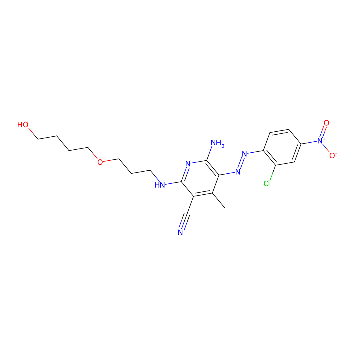 3-Pyridinecarbonitrile, 6-amino-5-(2-(2-chloro-4-nitrophenyl)diazenyl)-2-((3-(4-hydroxybutoxy)propyl)amino)-4-methyl- molecular structure, CAS 72939-67-4