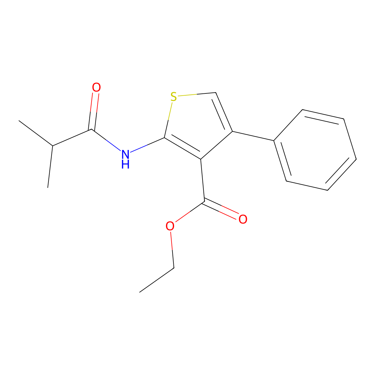 Ethyl 2-(2-methylpropanoylamino)-4-phenylthiophene-3-carboxylate molecular structure, CAS 72965-24-3