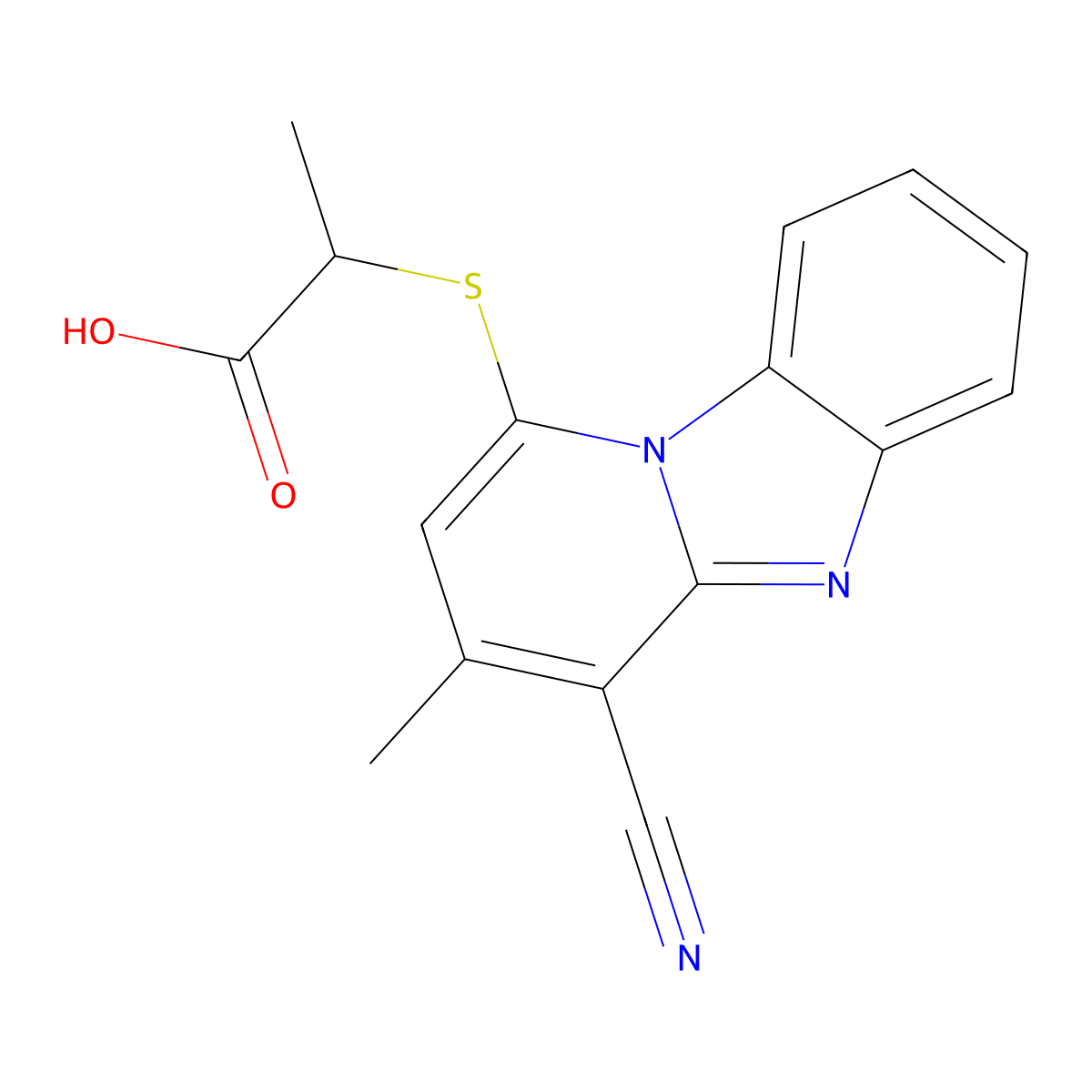 2-({10-Cyano-11-methyl-1,8-diazatricyclo[7.4.0.0,2,7]trideca-2,4,6,8,10,12-hexaen-13-yl}sulfanyl)propanoic acid molecular structure, CAS 730248-95-0