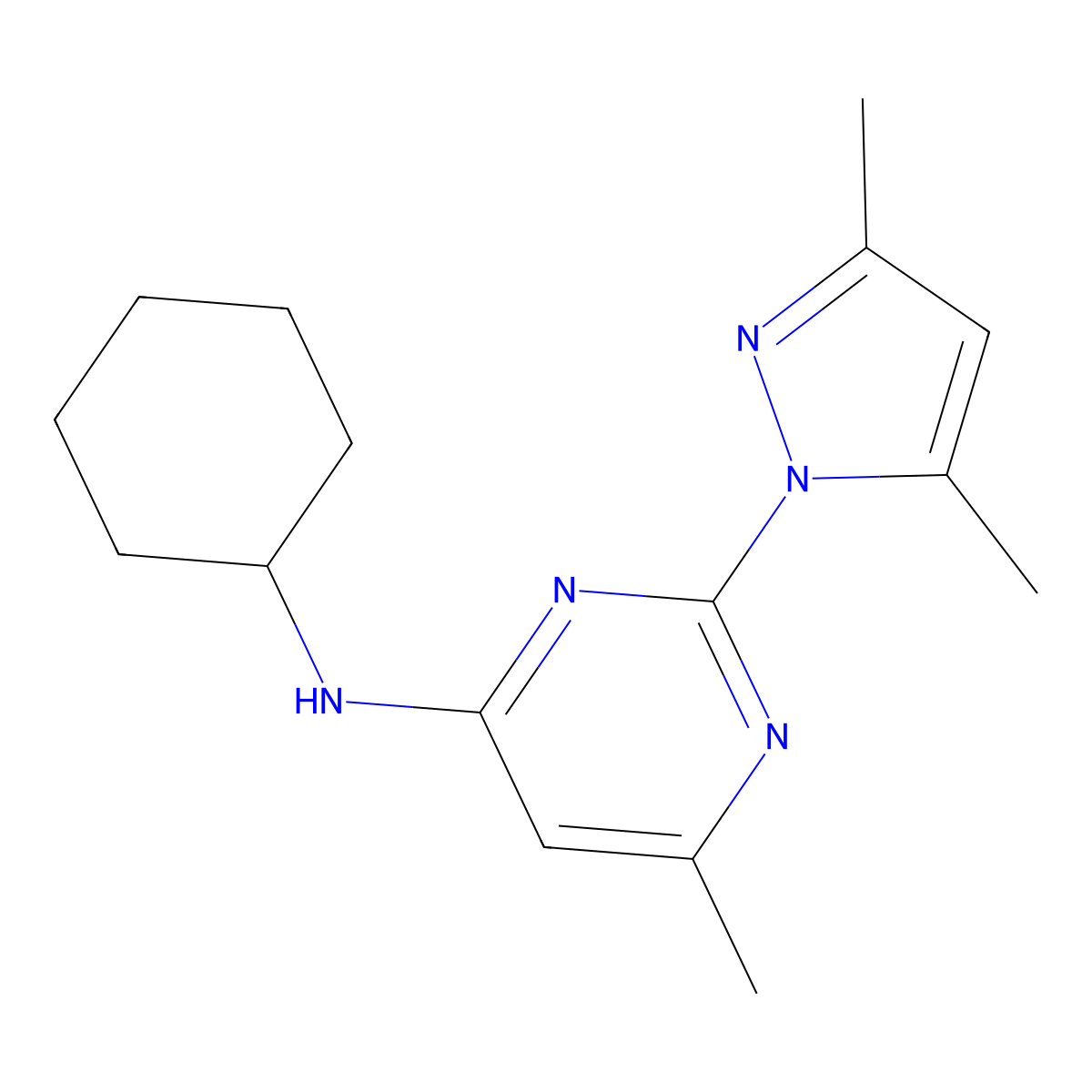 Cyclohexyl-(2-(3,5-dimethylpyrazol-1-yl)-6-methylpyrimidin-4-yl)amine molecular structure, CAS 73029-73-9