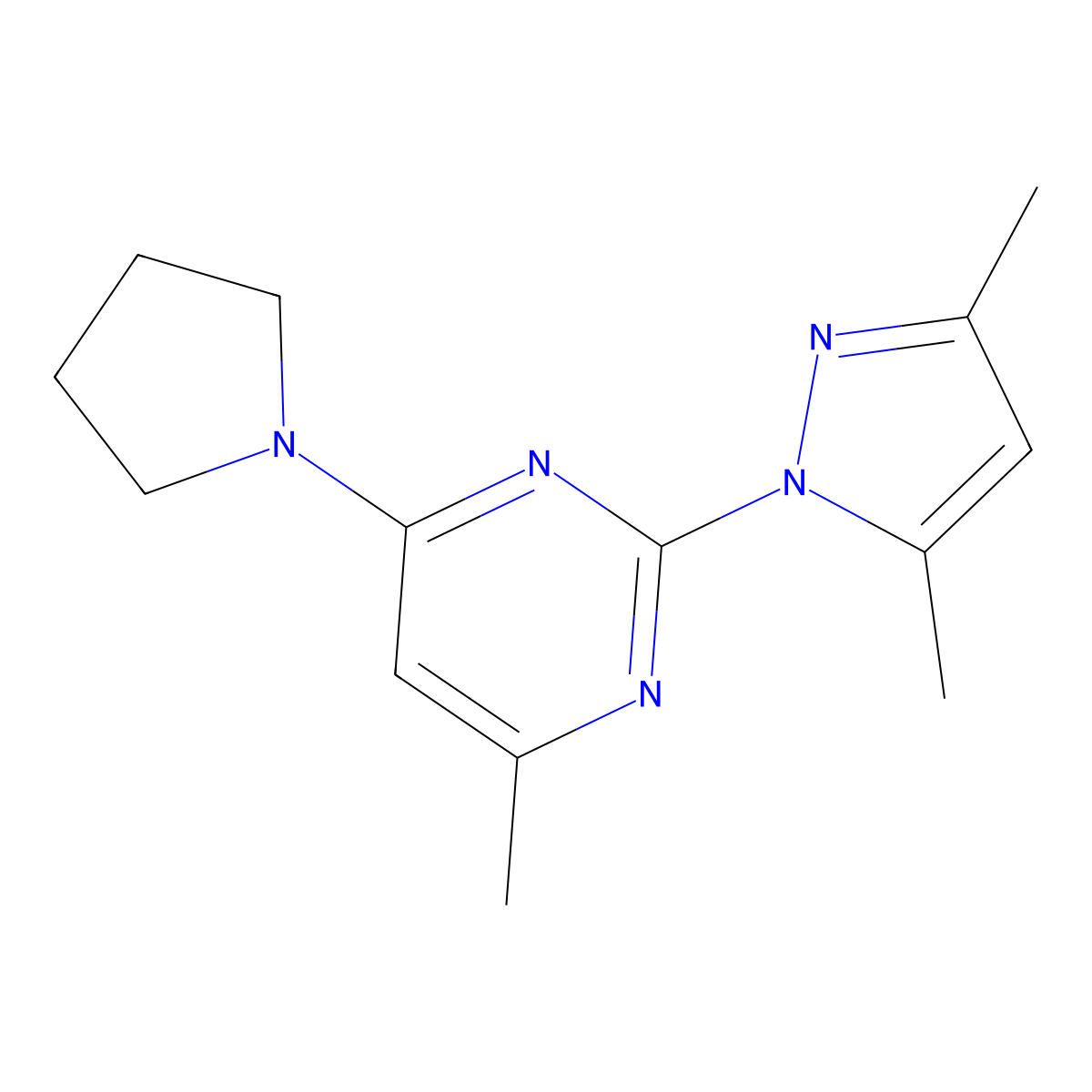 2-(3,5-dimethyl-1H-pyrazol-1-yl)-4-methyl-6-(pyrrolidin-1-yl)pyrimidine molecular structure, CAS 73029-75-1