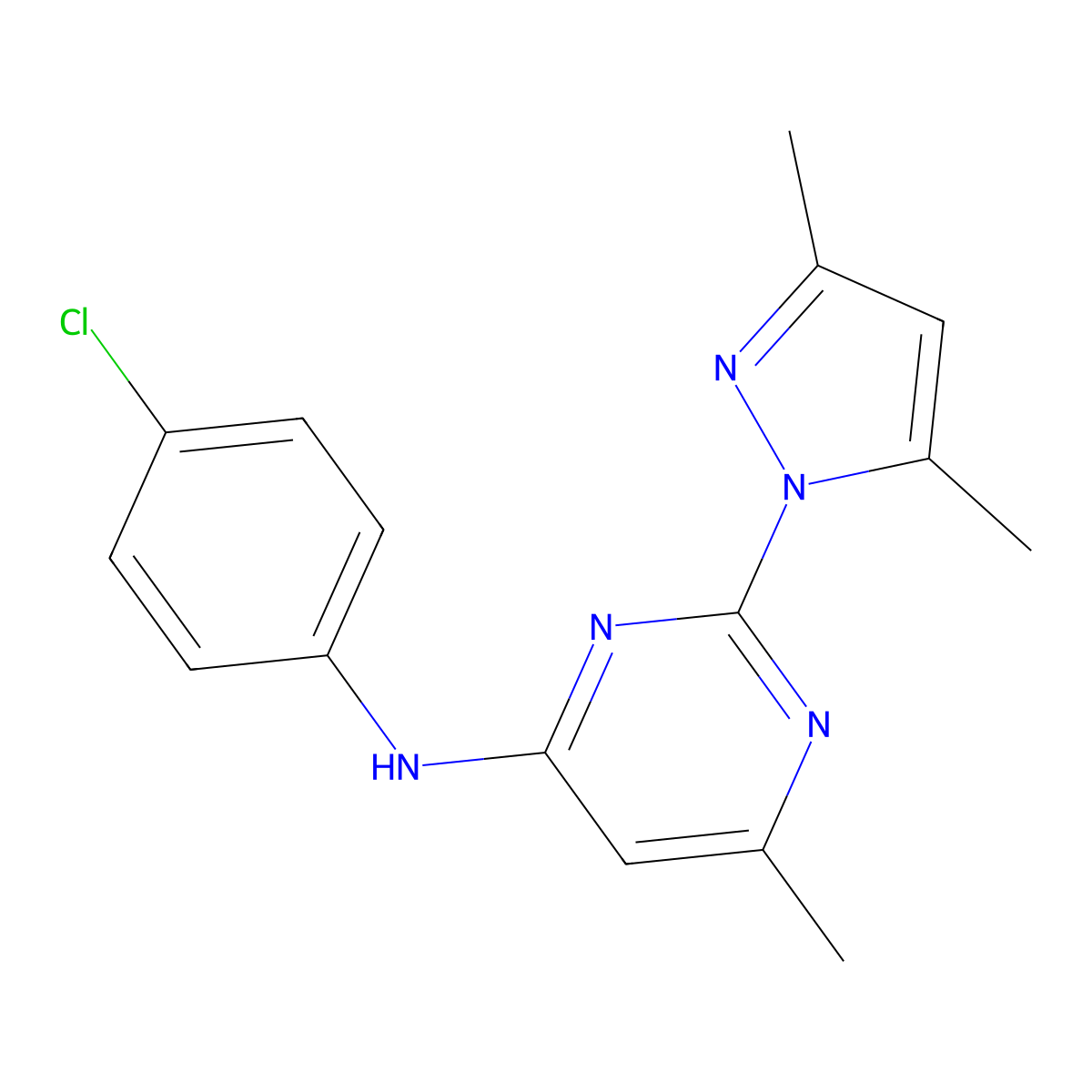 N-(4-chlorophenyl)-2-(3,5-dimethyl-1H-pyrazol-1-yl)-6-methylpyrimidin-4-amine molecular structure, CAS 73029-78-4