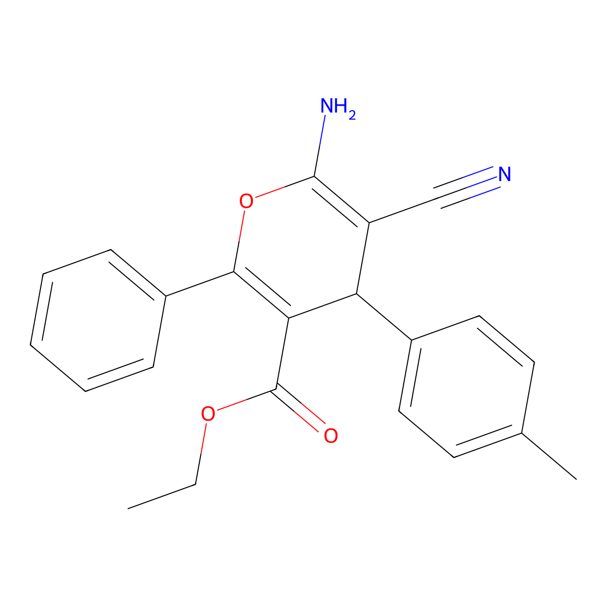 ethyl 6-amino-5-cyano-4-(4-methylphenyl)-2-phenyl-4H-pyran-3-carboxylate molecular structure, CAS 73035-27-5