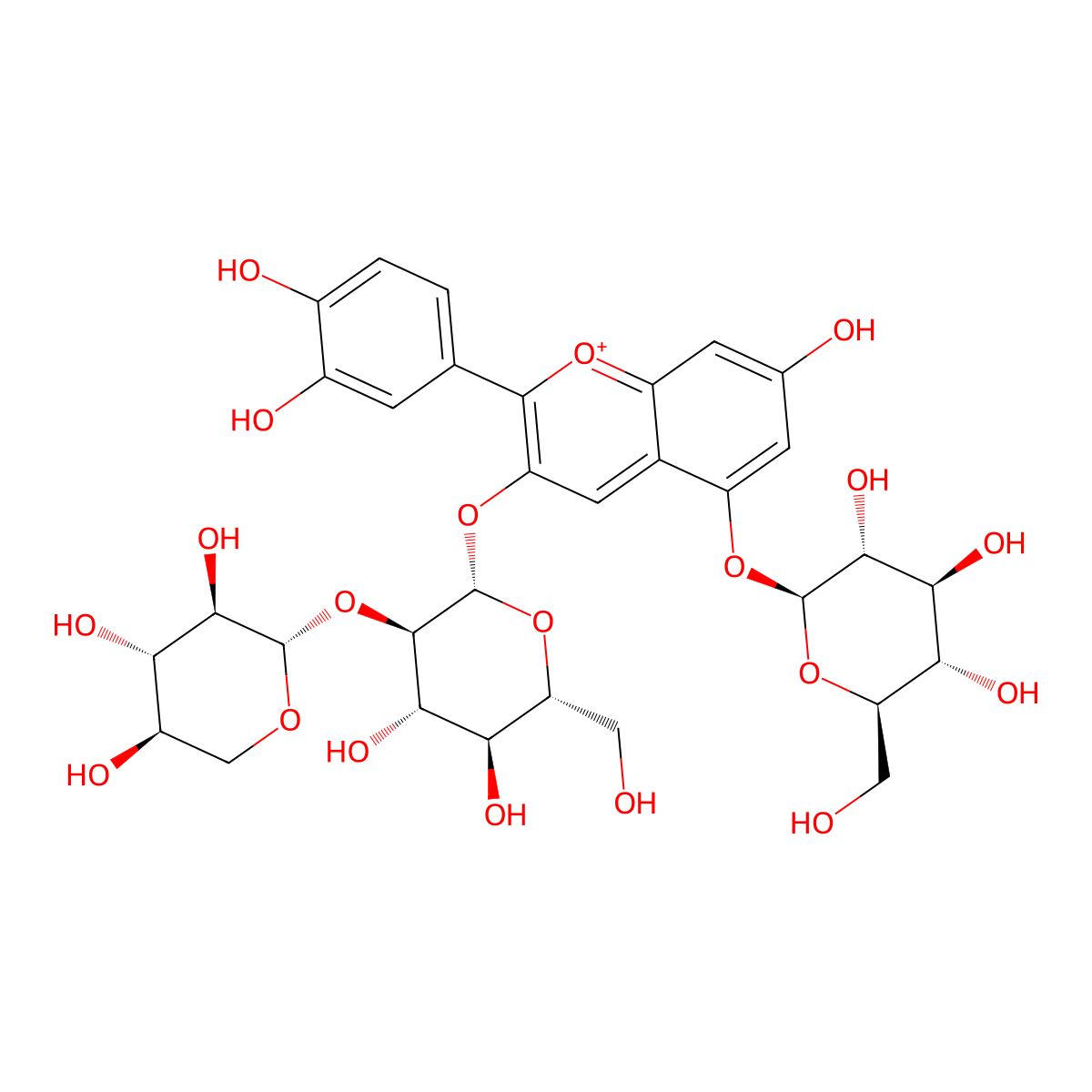 2-(3,4-Dihydroxyphenyl)-5-(beta-D-glucopyranosyloxy)-7-hydroxy-3-[2-O-(beta-D-xylopyranosyl)-beta-D-glucopyranosyloxy]-1-benzopyrylium molecular structure, CAS 73036-94-9