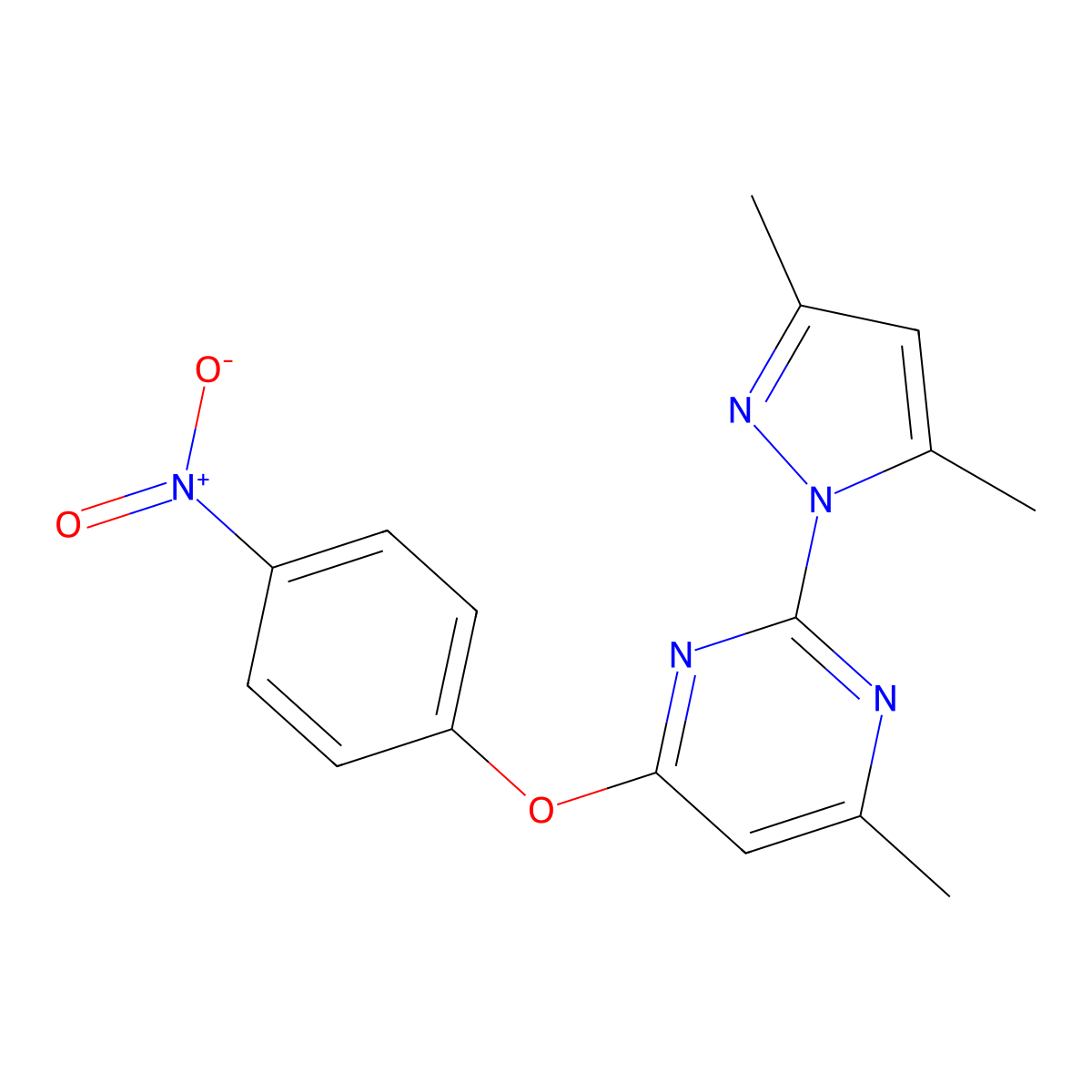 2-(3,5-dimethyl-1H-pyrazol-1-yl)-4-methyl-6-(4-nitrophenoxy)pyrimidine molecular structure, CAS 73056-14-1