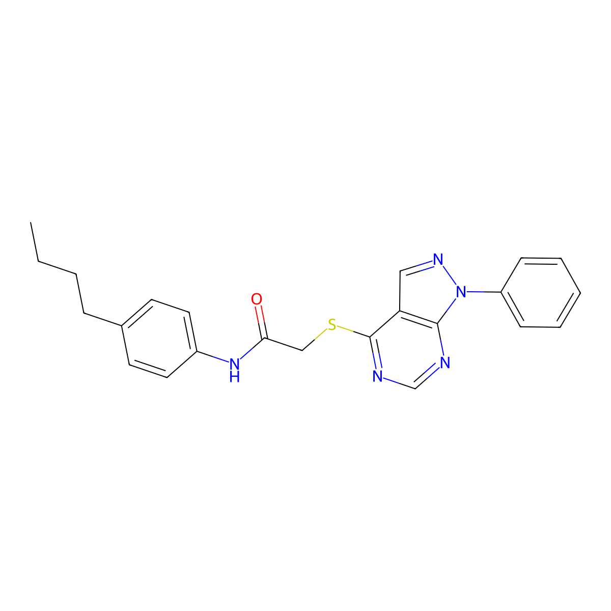 N-(4-butylphenyl)-2-((1-phenyl-1H-pyrazolo[3,4-d]pyrimidin-4-yl)thio)acetamide molecular structure, CAS 730946-54-0