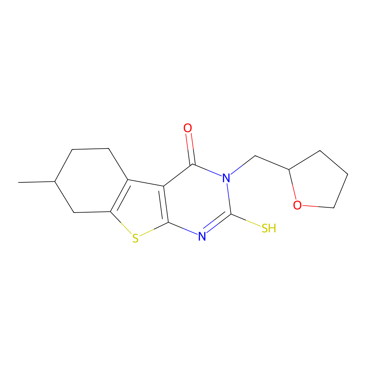 7-methyl-3-(oxolan-2-ylmethyl)-2-sulfanylidene-5,6,7,8-tetrahydro-1H-[1]benzothiolo[2,3-d]pyrimidin-4-one molecular structure, CAS 730951-06-1