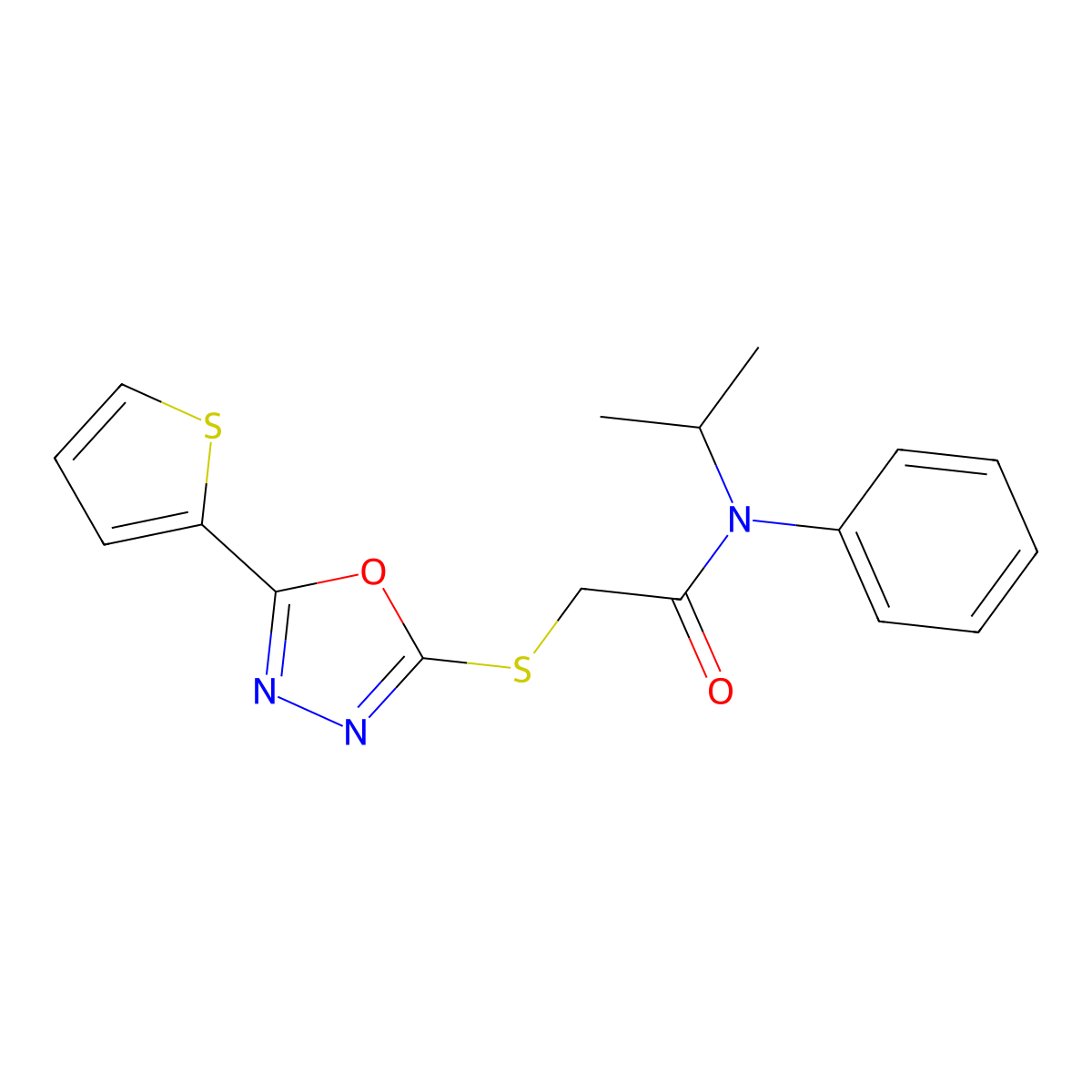 N-(methylethyl)-N-phenyl-2-(5-(2-thienyl)(1,3,4-oxadiazol-2-ylthio))acetamide molecular structure, CAS 730955-36-9