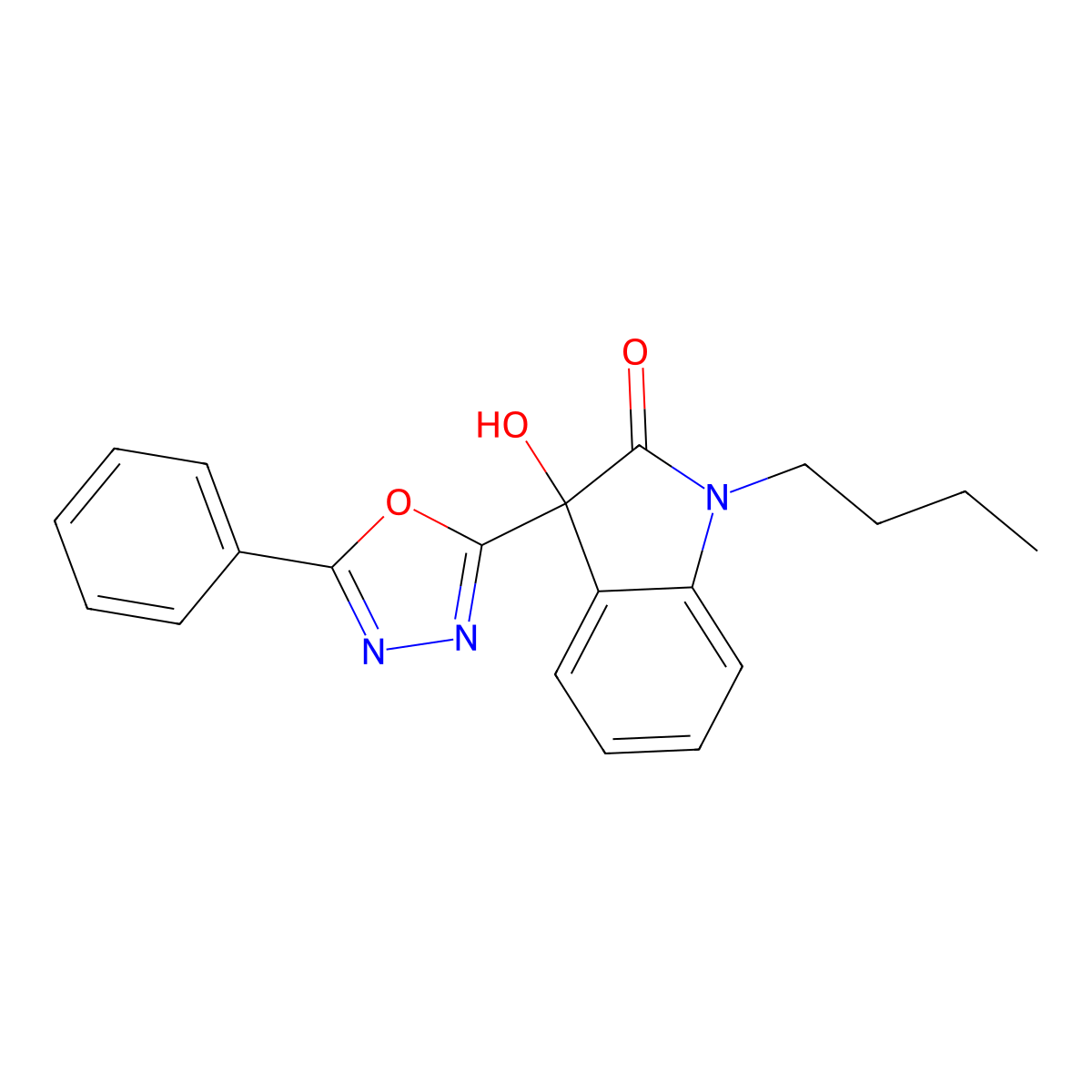 1-butyl-3-hydroxy-3-(5-phenyl-1,3,4-oxadiazol-2-yl)-2,3-dihydro-1H-indol-2-one molecular structure, CAS 730972-91-5