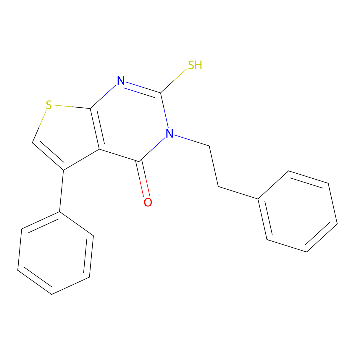 5-phenyl-3-(2-phenylethyl)-2-sulfanyl-3H,4H-thieno[2,3-d]pyrimidin-4-one molecular structure, CAS 730976-55-3