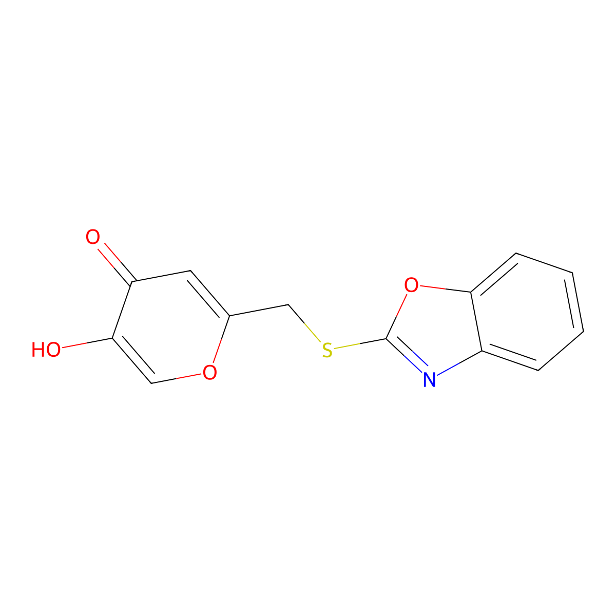 2-((benzo[d]oxazol-2-ylthio)methyl)-5-hydroxy-4H-pyran-4-one molecular structure, CAS 730986-10-4