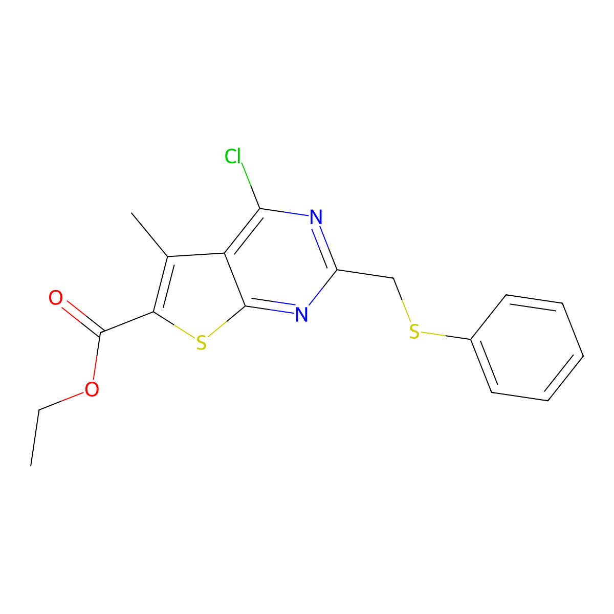 Ethyl 4-chloro-5-methyl-2-[(phenylsulfanyl)methyl]thieno[2,3-d]pyrimidine-6-carboxylate molecular structure, CAS 731001-96-0