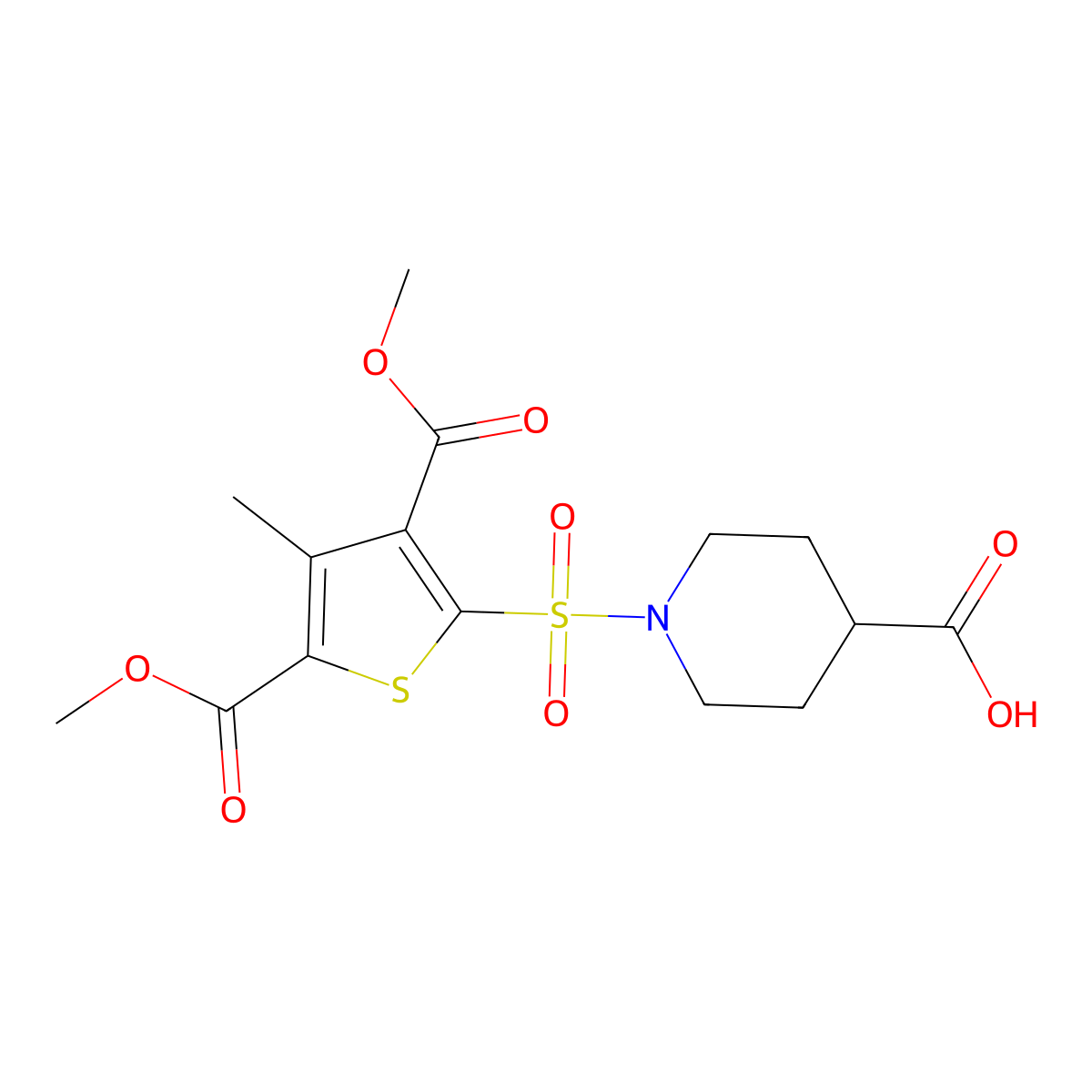 1-{[3,5-Bis(methoxycarbonyl)-4-methylthiophen-2-yl]sulfonyl}piperidine-4-carboxylic acid molecular structure, CAS 731003-70-6