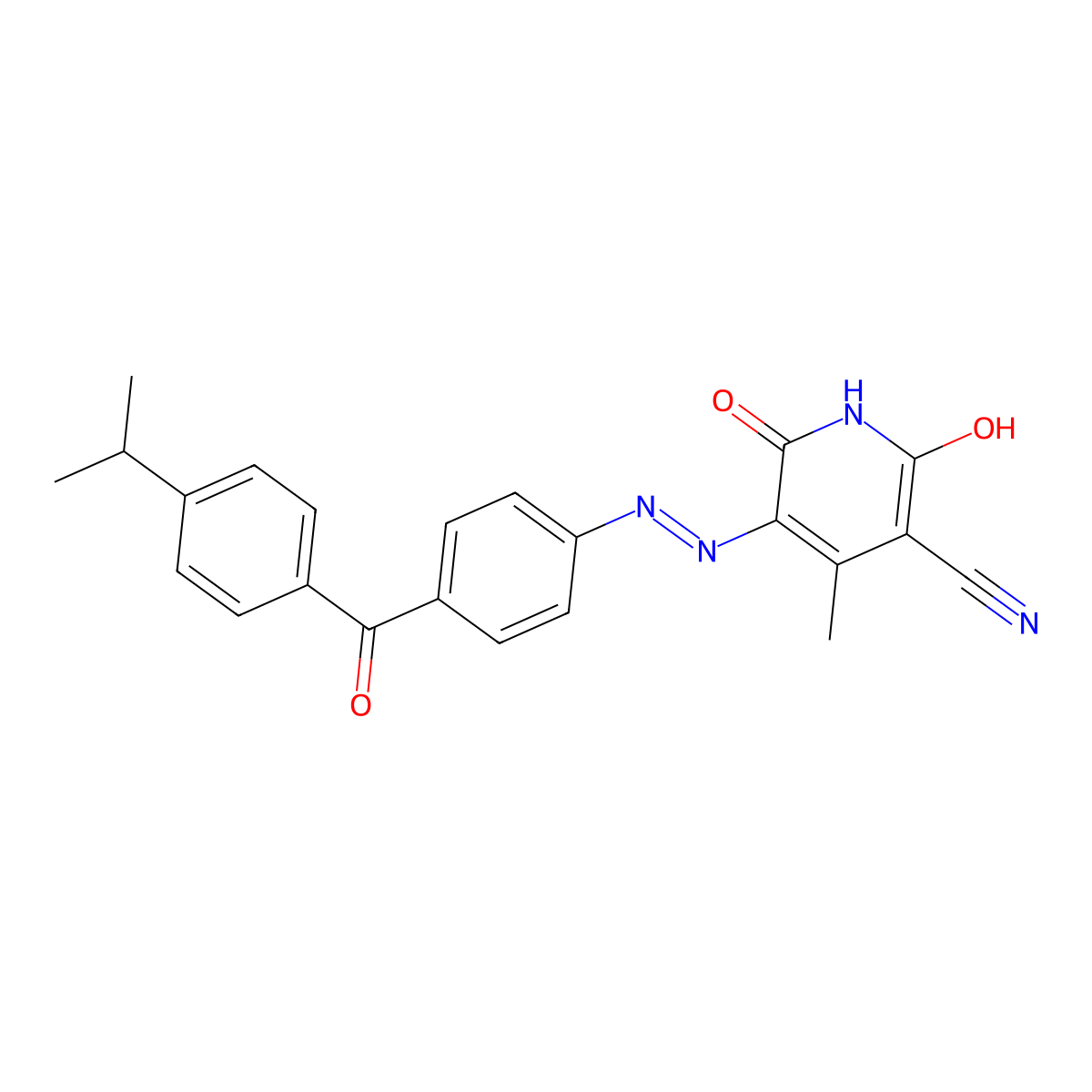 3-Pyridinecarbonitrile, 1,2-dihydro-6-hydroxy-4-methyl-5-[2-[4-[4-(1-methylethyl)benzoyl]phenyl]diazenyl]-2-oxo- molecular structure, CAS 73157-52-5