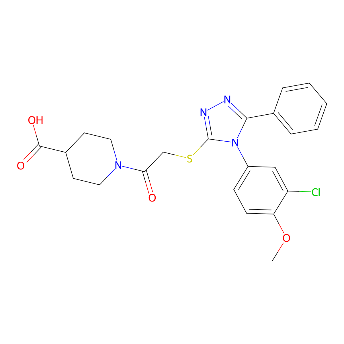 1-(2-{[4-(3-chloro-4-methoxyphenyl)-5-phenyl-4H-1,2,4-triazol-3-yl]sulfanyl}acetyl)piperidine-4-carboxylic acid molecular structure, CAS 731801-15-3