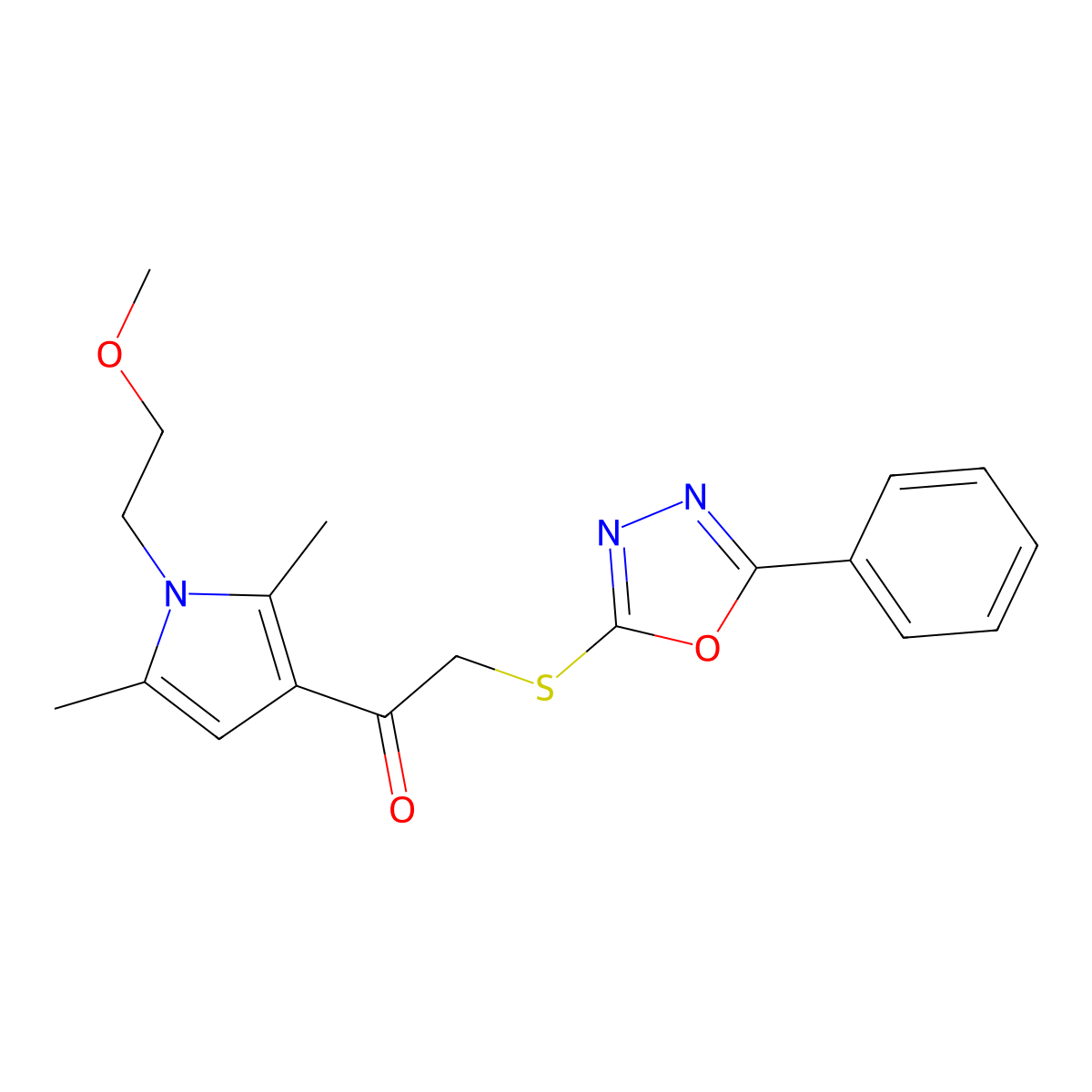 1-(1-(2-methoxyethyl)-2,5-dimethyl-1H-pyrrol-3-yl)-2-((5-phenyl-1,3,4-oxadiazol-2-yl)thio)ethanone molecular structure, CAS 731803-20-6