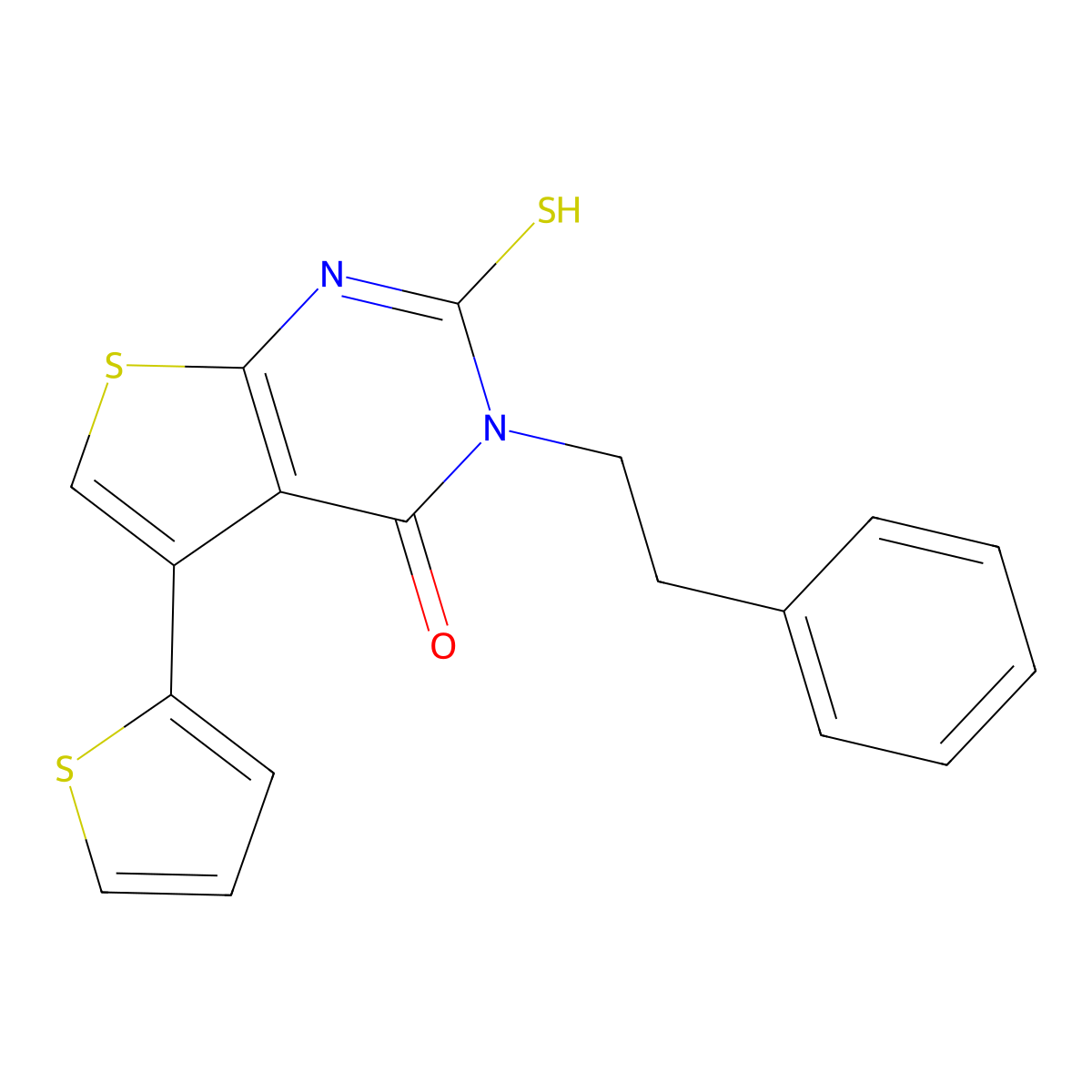 3-(2-phenylethyl)-2-sulfanyl-5-(thiophen-2-yl)-3H,4H-thieno[2,3-d]pyrimidin-4-one molecular structure, CAS 731820-91-0