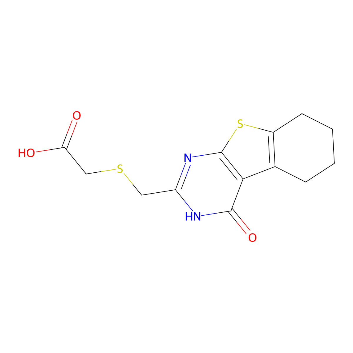 {[(4-Oxo-3,4,5,6,7,8-hexahydro[1]benzothieno[2,3-d]pyrimidin-2-yl)methyl]thio}acetic acid molecular structure, CAS 731826-75-8