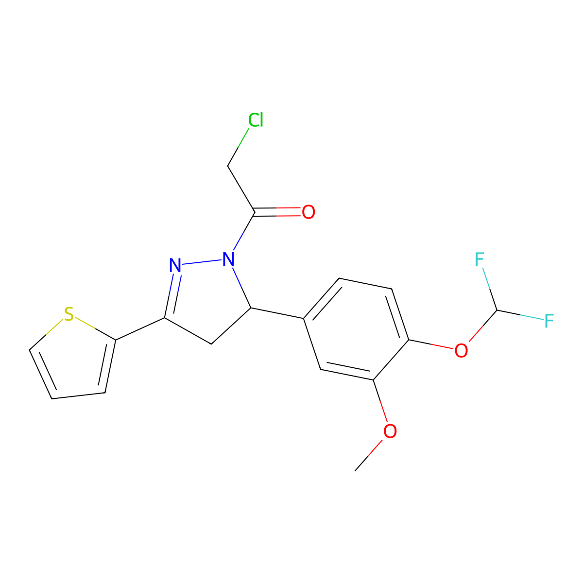 2-chloro-1-{5-[4-(difluoromethoxy)-3-methoxyphenyl]-3-(thiophen-2-yl)-4,5-dihydro-1H-pyrazol-1-yl}ethan-1-one molecular structure, CAS 731826-82-7