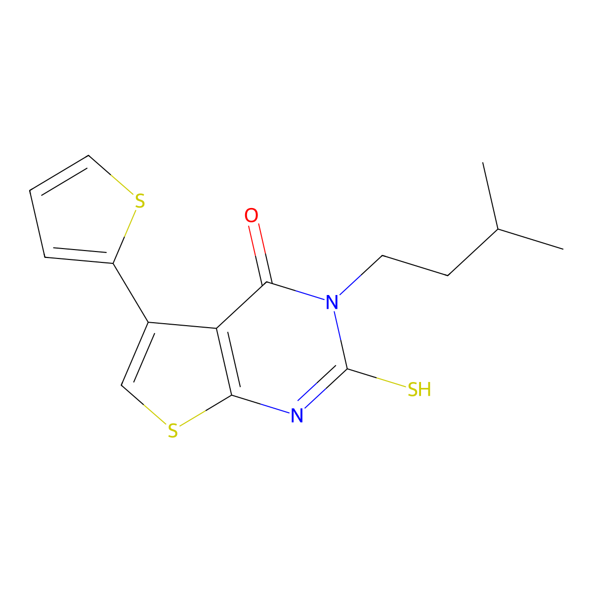 3-(3-methylbutyl)-2-sulfanyl-5-(thiophen-2-yl)-3H,4H-thieno[2,3-d]pyrimidin-4-one molecular structure, CAS 731827-19-3