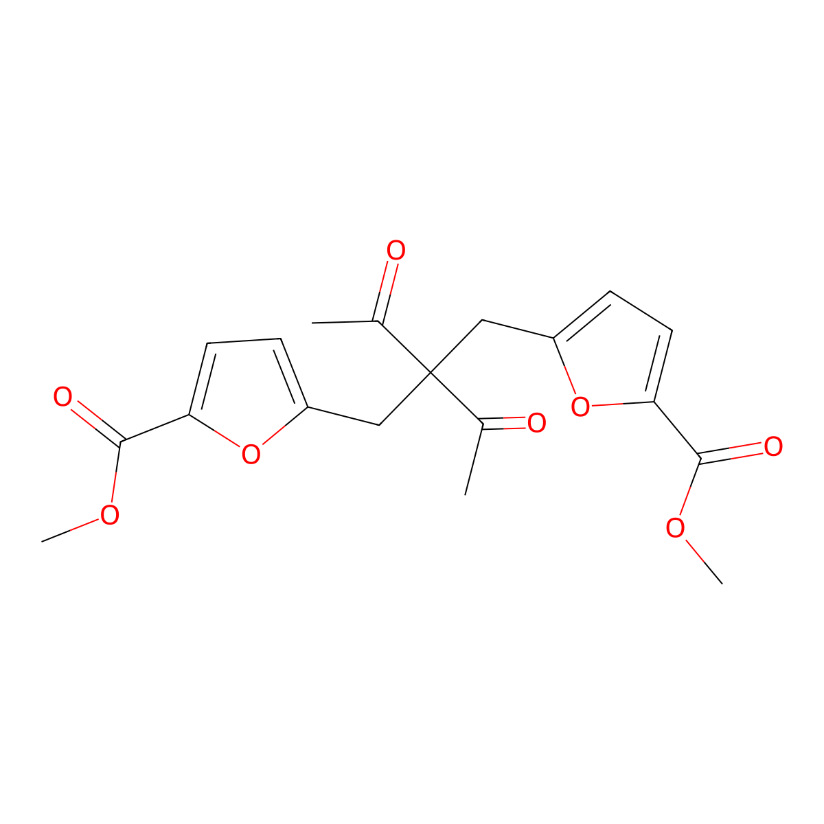 Methyl 5-(2-acetyl-2-{[5-(methoxycarbonyl)furan-2-yl]methyl}-3-oxobutyl)furan-2-carboxylate molecular structure, CAS 73219-38-2