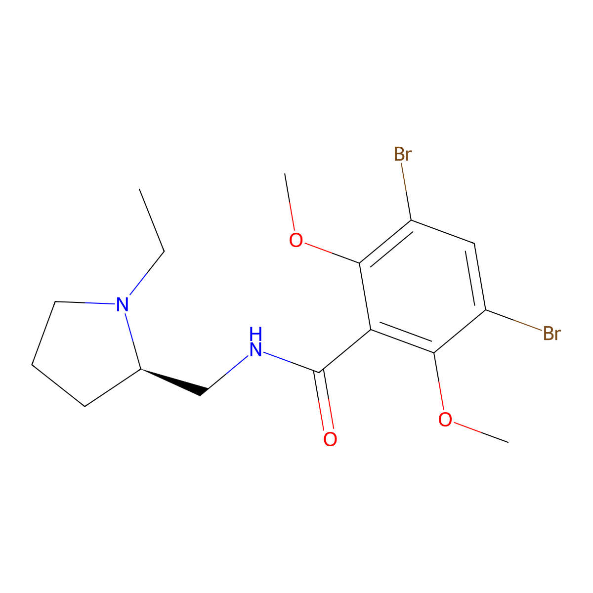 Benzamide, 3,5-dibromo-2,6-dimethoxy-N-(1-ethyl-2-pyrrolidinylmethyl)-, (R)-(+)- molecular structure, CAS 73220-00-5