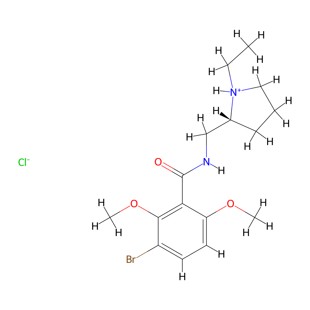 3-Bromo-N-((1-ethylpyrrolidin-2-yl)methyl)-2,6-dimethoxybenzene-1-carboximidic acid--hydrogen chloride (1/1) molecular structure, CAS 73220-04-9
