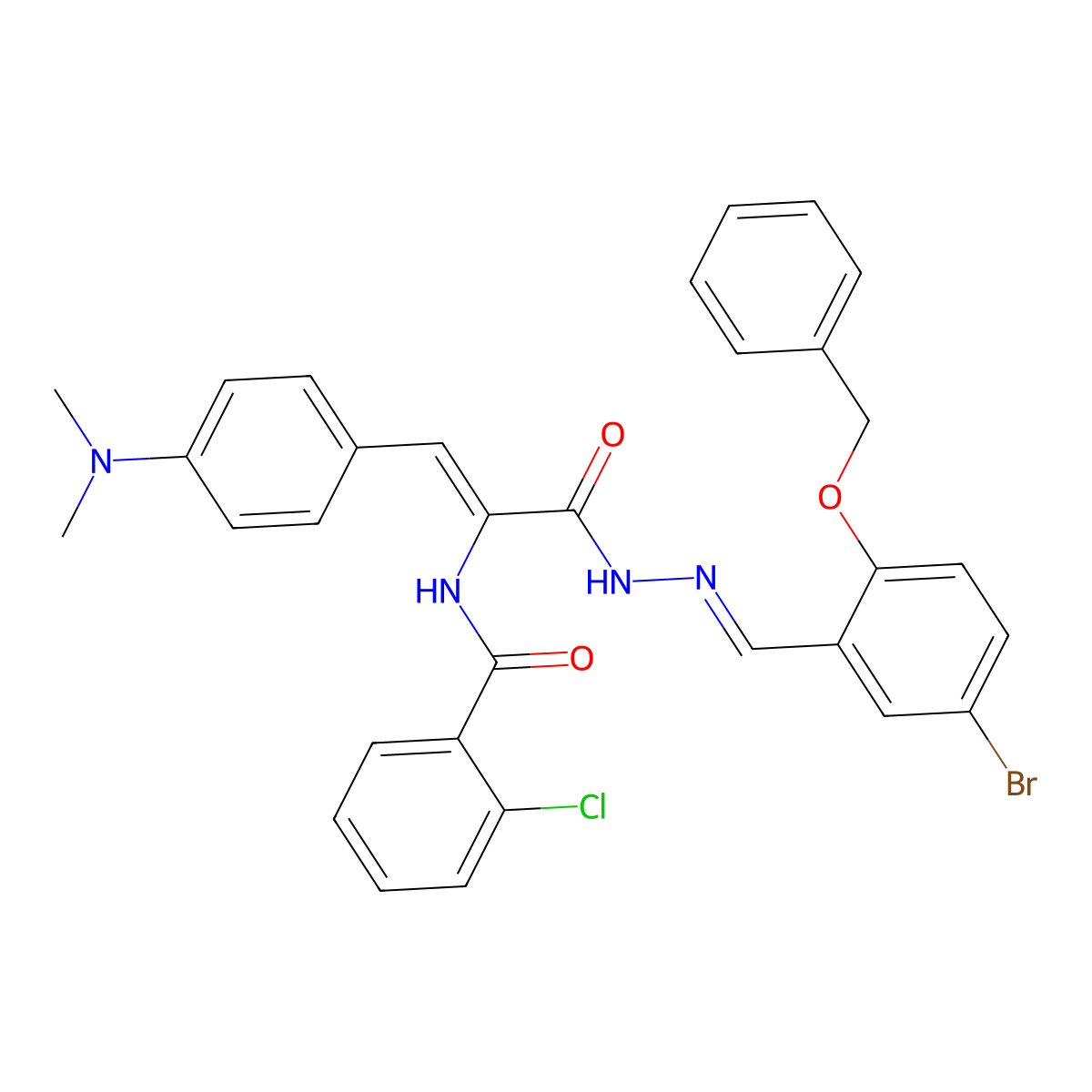 2-[(2-Chlorobenzoyl)amino]-3-[4-(dimethylamino)phenyl]-2-propenoic acid 2-[[5-bromo-2-(phenylmethoxy)phenyl]methylene]hydrazide molecular structure, CAS 732248-48-5