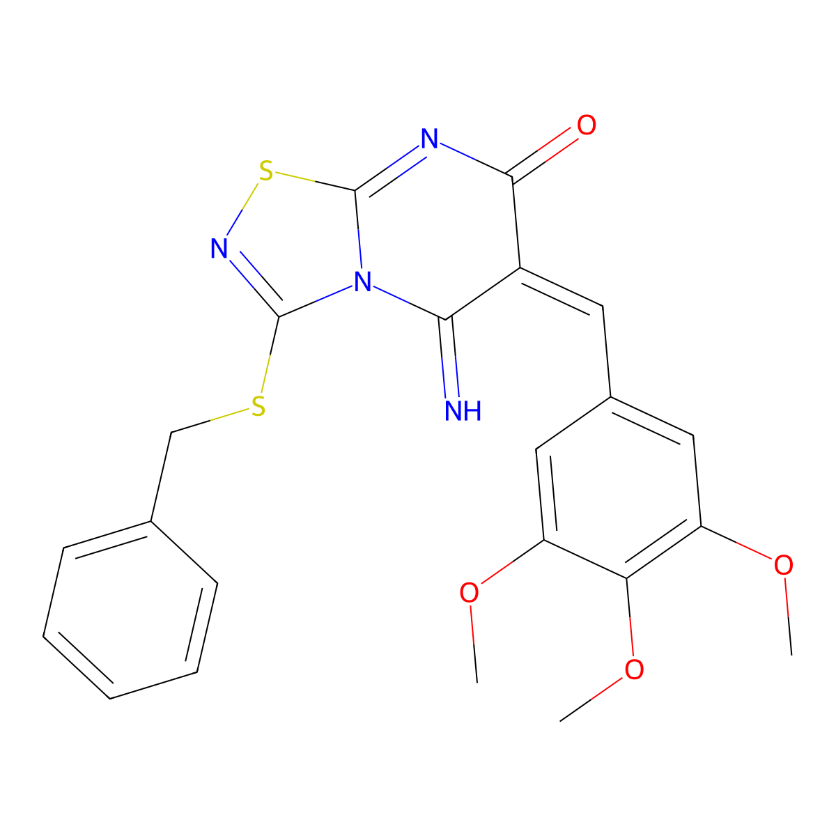 5,6-Dihydro-5-imino-3-[(phenylmethyl)thio]-6-[(3,4,5-trimethoxyphenyl)methylene]-7H-1,2,4-thiadiazolo[4,5-a]pyrimidin-7-one molecular structure, CAS 732249-33-1