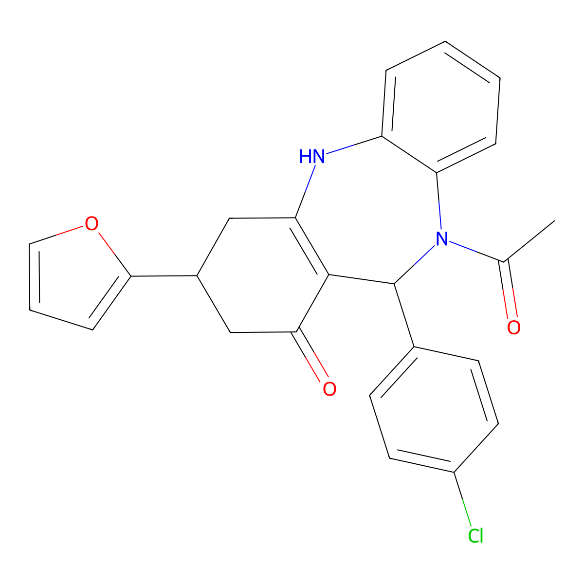 1-[11-(4-chlorophenyl)-3-(furan-2-yl)-1-hydroxy-2,3,4,11-tetrahydro-10H-dibenzo[b,e][1,4]diazepin-10-yl]ethanone molecular structure, CAS 732258-97-8
