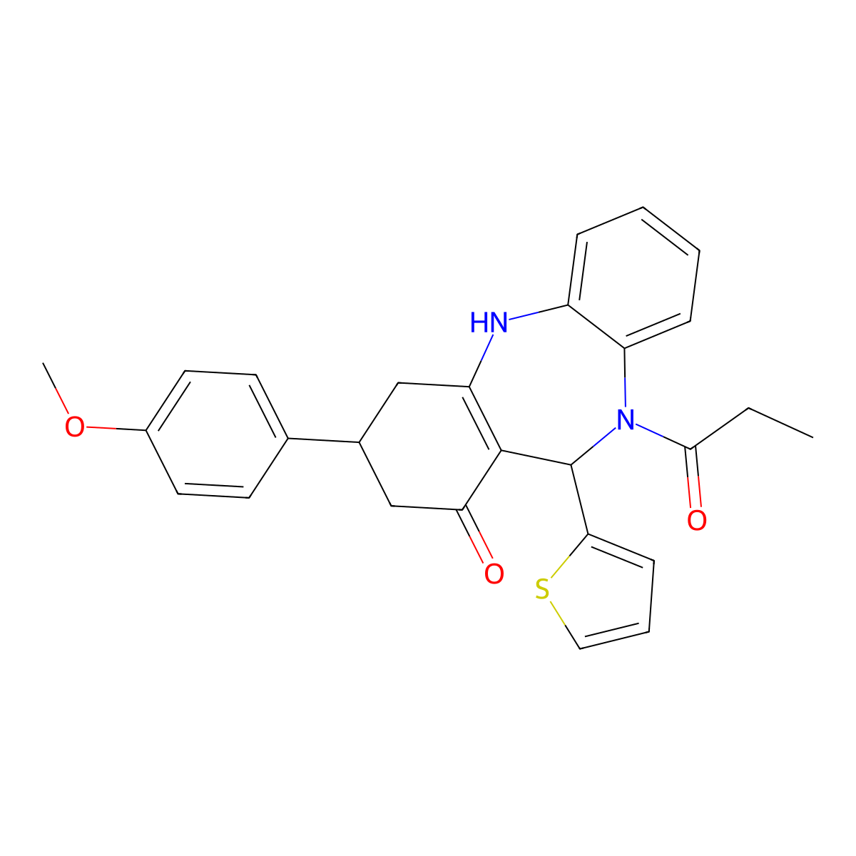 1-[1-hydroxy-3-(4-methoxyphenyl)-11-(thiophen-2-yl)-2,3,4,11-tetrahydro-10H-dibenzo[b,e][1,4]diazepin-10-yl]propan-1-one molecular structure, CAS 732260-75-2